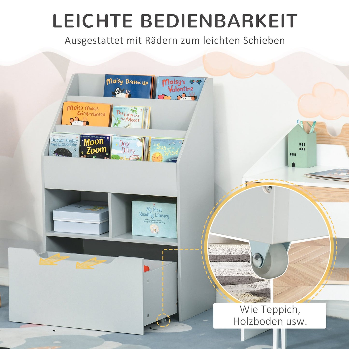 Children's Bookshelf with Drawer, Grey, 60 x 30 x 90 cm
