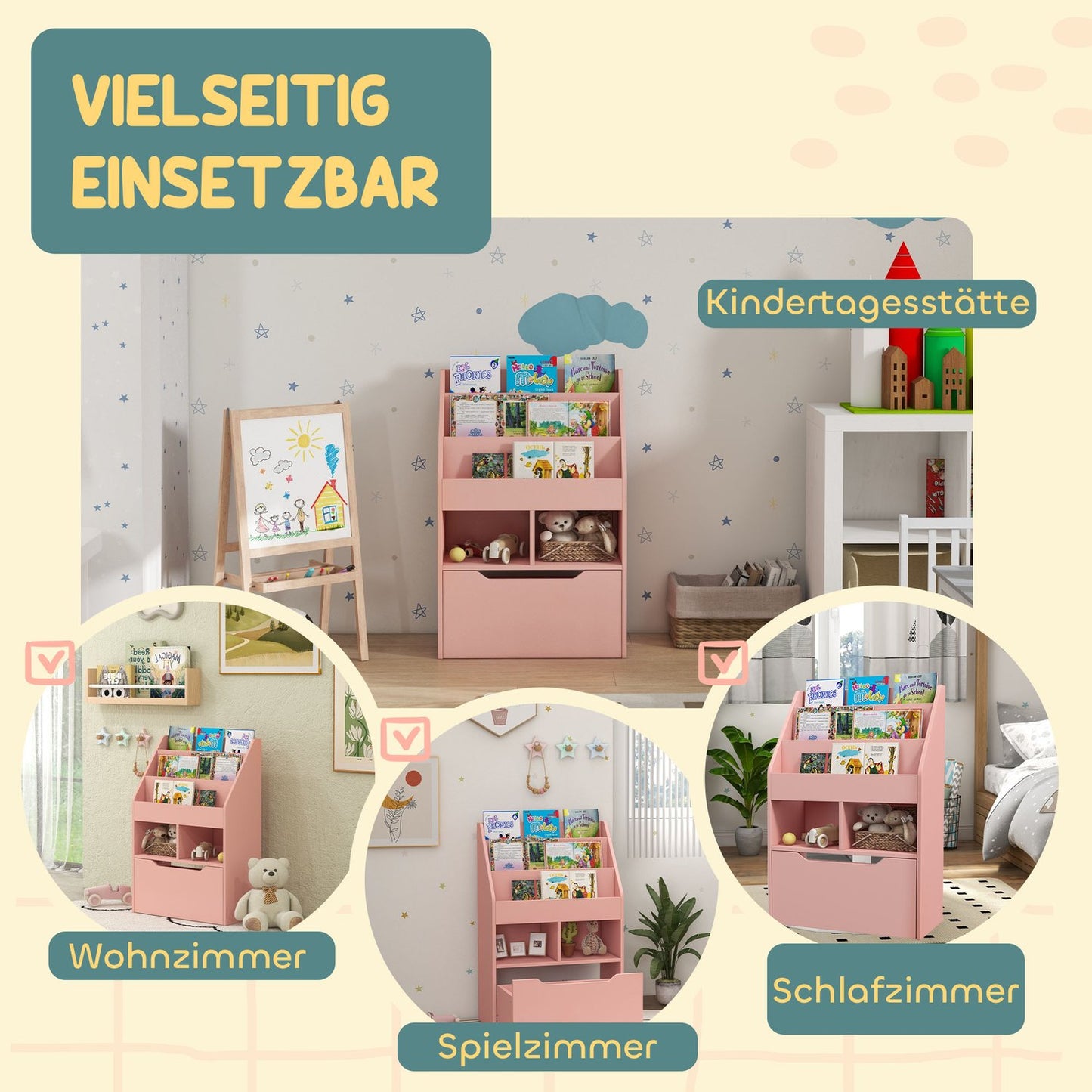 Children's Bookshelf with Drawer, Pink, 60 x 30 x 90 cm