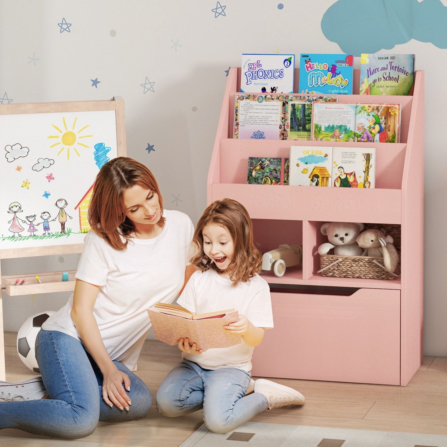 Children's Bookshelf with Drawer, Pink, 60 x 30 x 90 cm