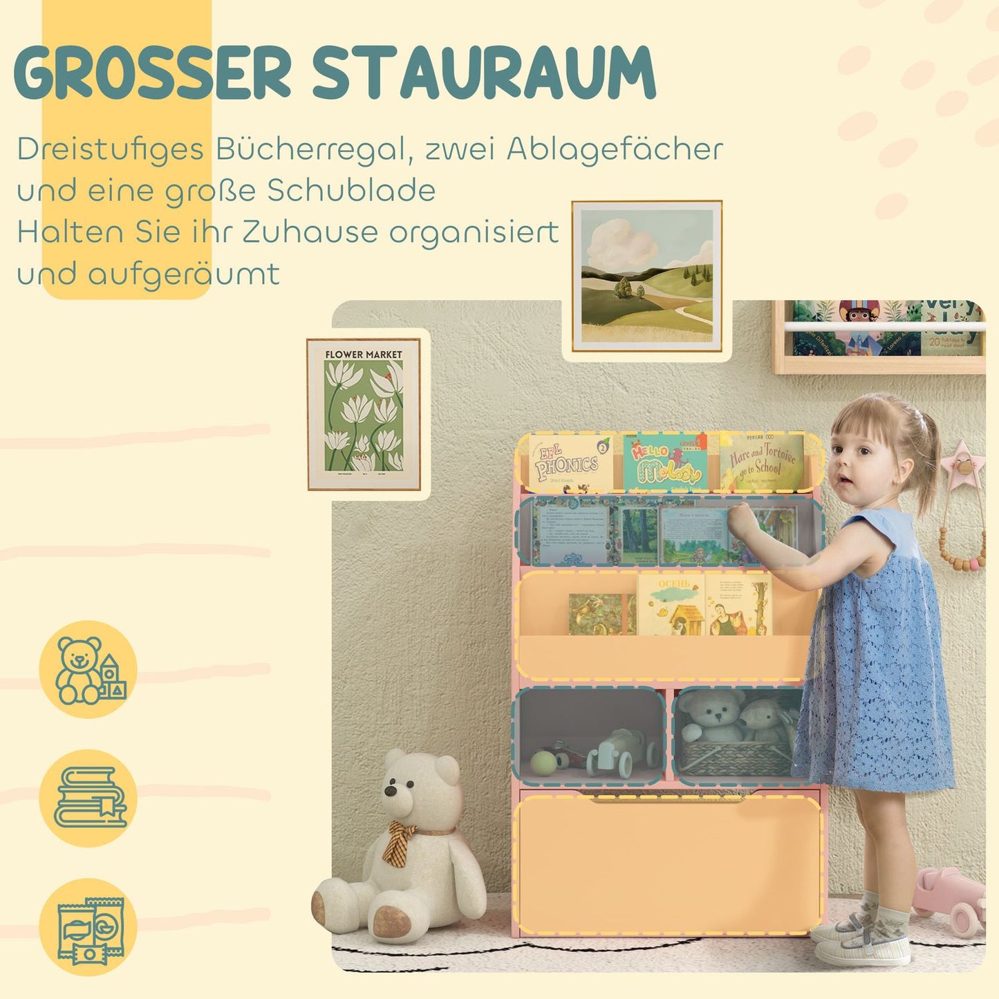 Children's Bookshelf with Drawer, Pink, 60 x 30 x 90 cm
