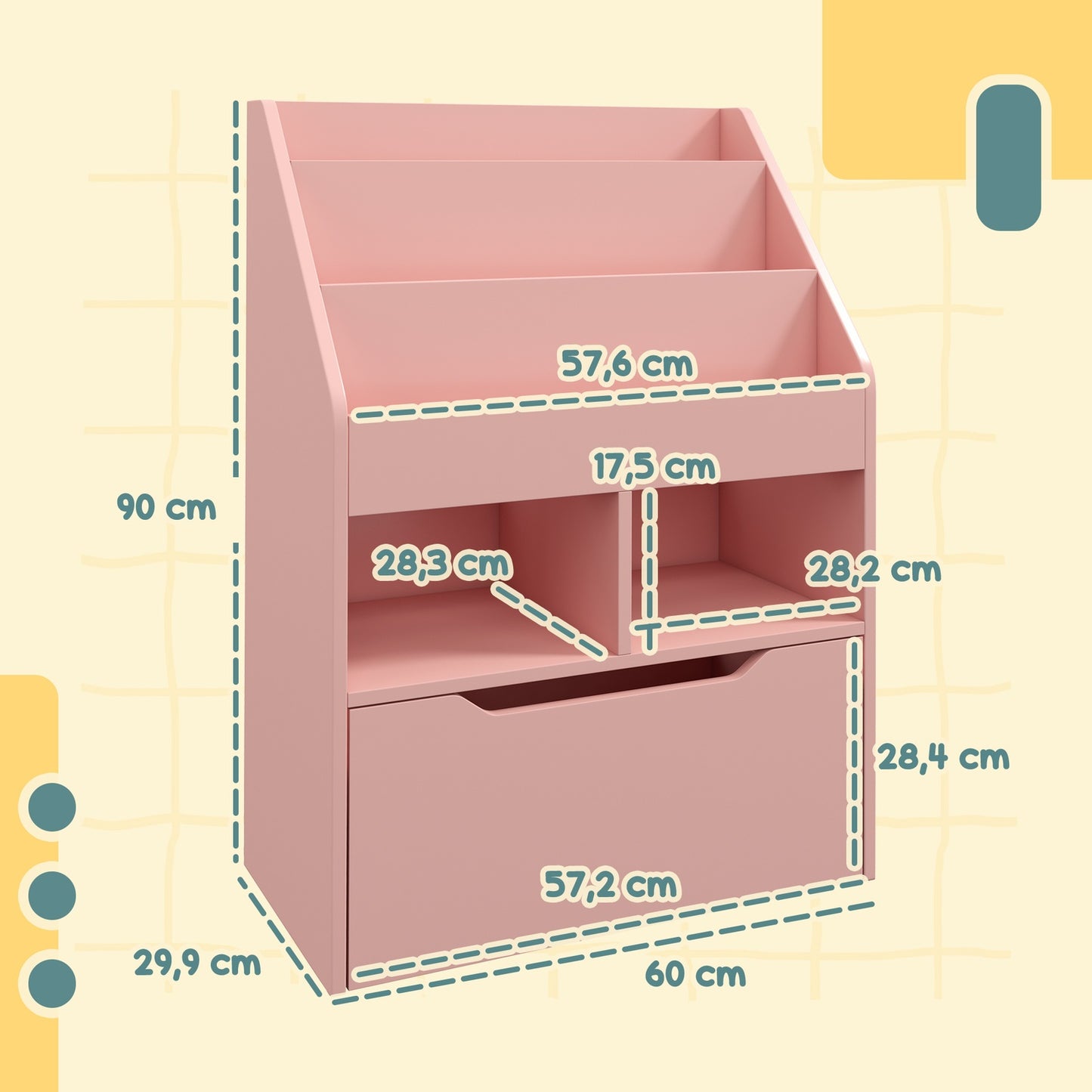 Children's Bookshelf with Drawer, Pink, 60 x 30 x 90 cm