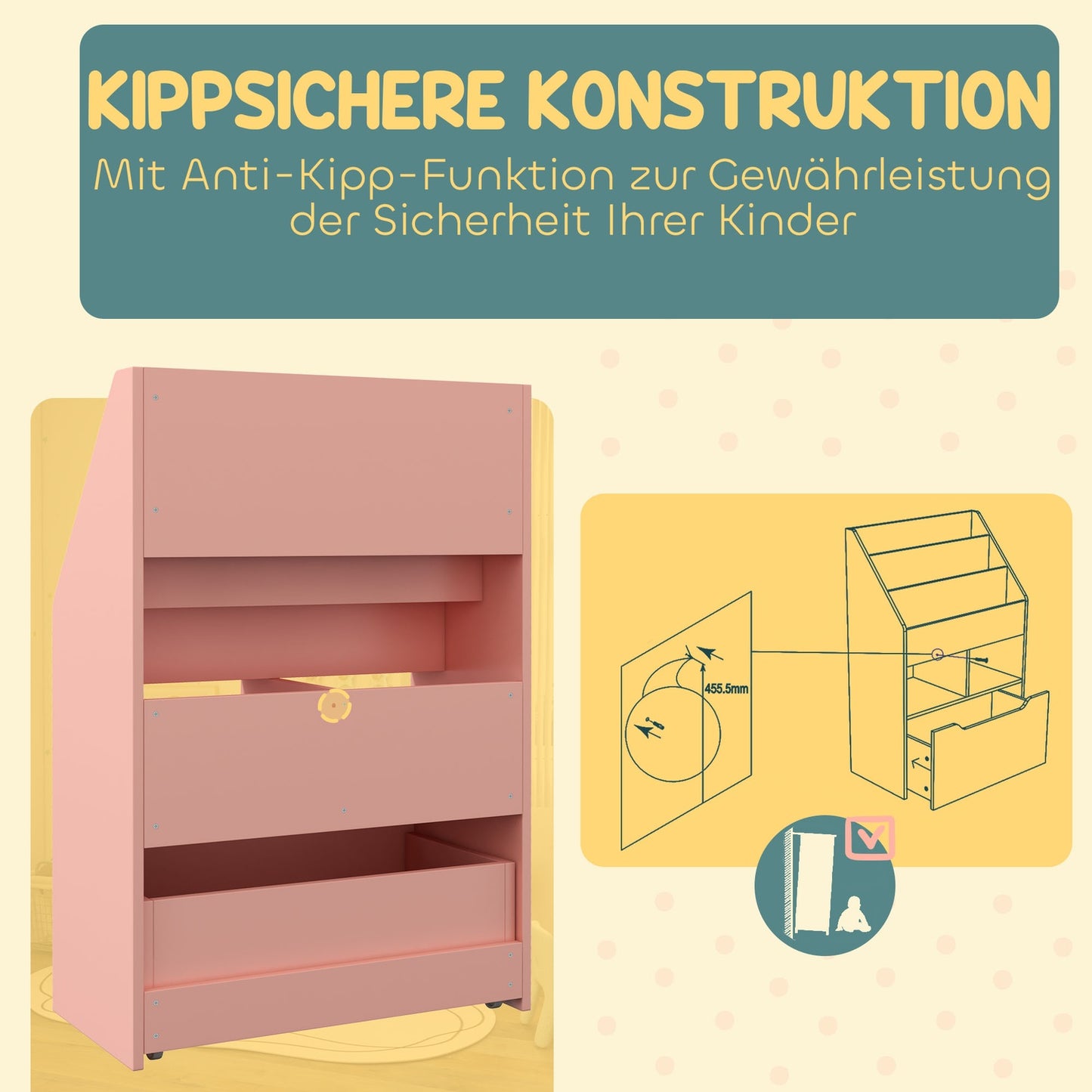 Children's Bookshelf with Drawer, Pink, 60 x 30 x 90 cm