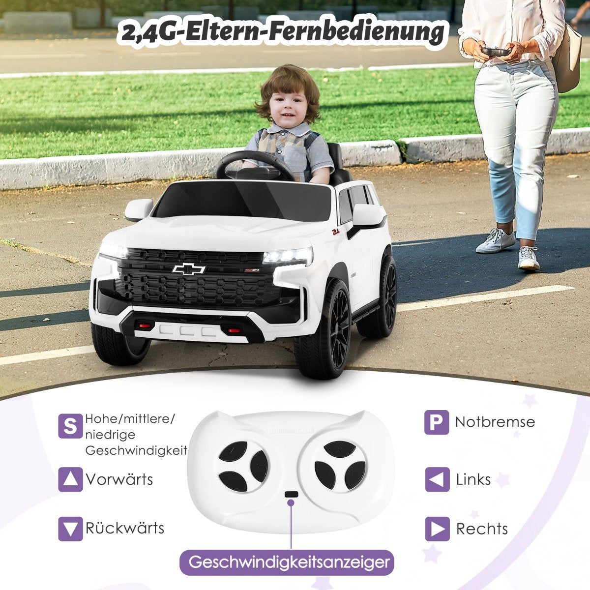 Children's Chevrolet electric car with 2.4G remote control & Suspension & lights & Music children's car white