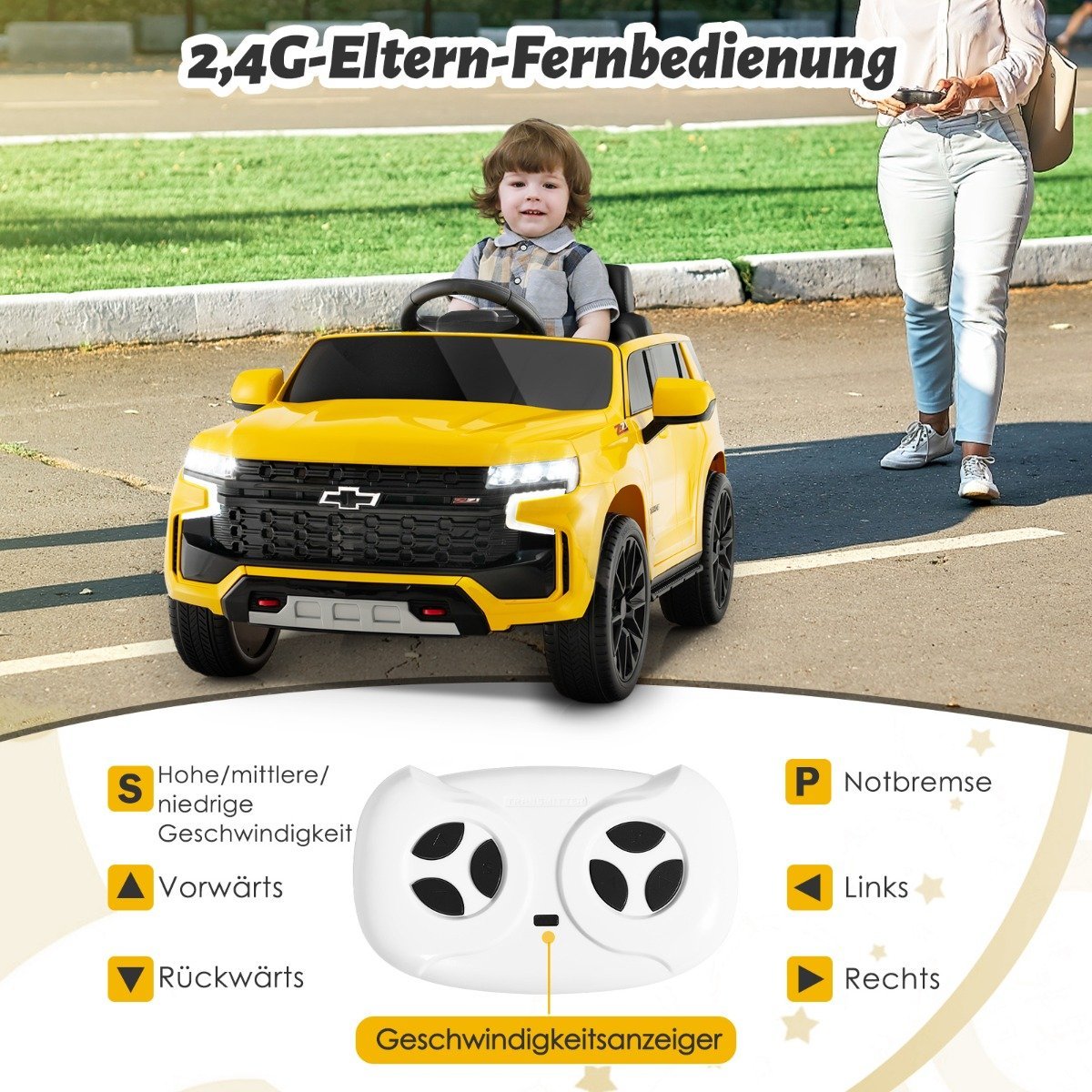 Children's Chevrolet electric car with 2.4G remote control & Suspension & lights & Music children's car yellow