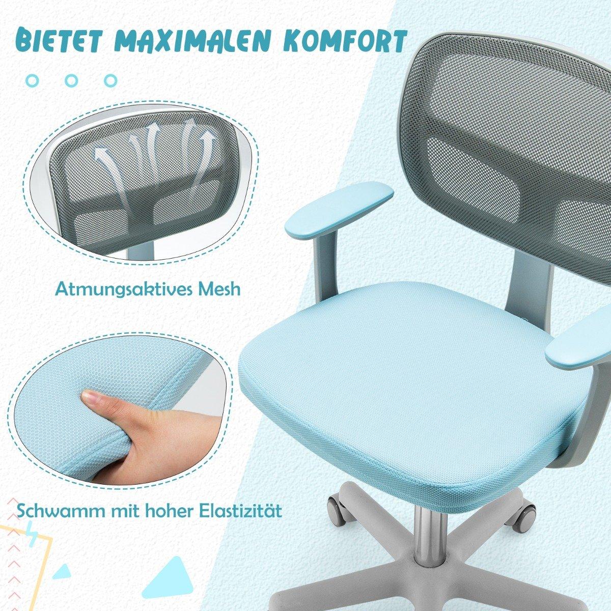 Children's Computer Chair with Adjustable Height & Self-Locking Wheels 54 x 54 x 80 - 91.5 cm Blue + Gray