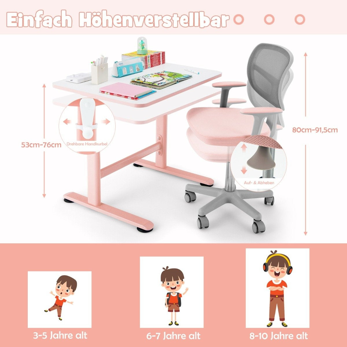 Children's Computer Chair with Adjustable Height & Self-Locking Wheels for 3-10 Years Children Pink