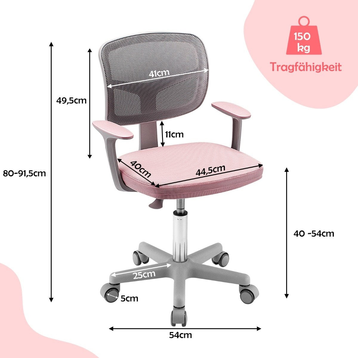 Children's Computer Chair with Adjustable Height & Self-Locking Wheels for 3-10 Years Children Pink