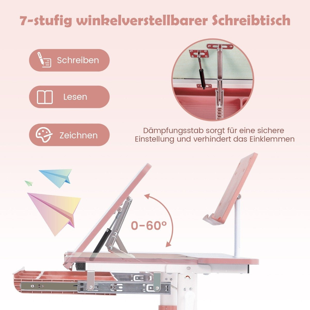 Children's Desk 51-73cm Height Adjustable Student Desk with Tiltable Table Top (Pink Table)