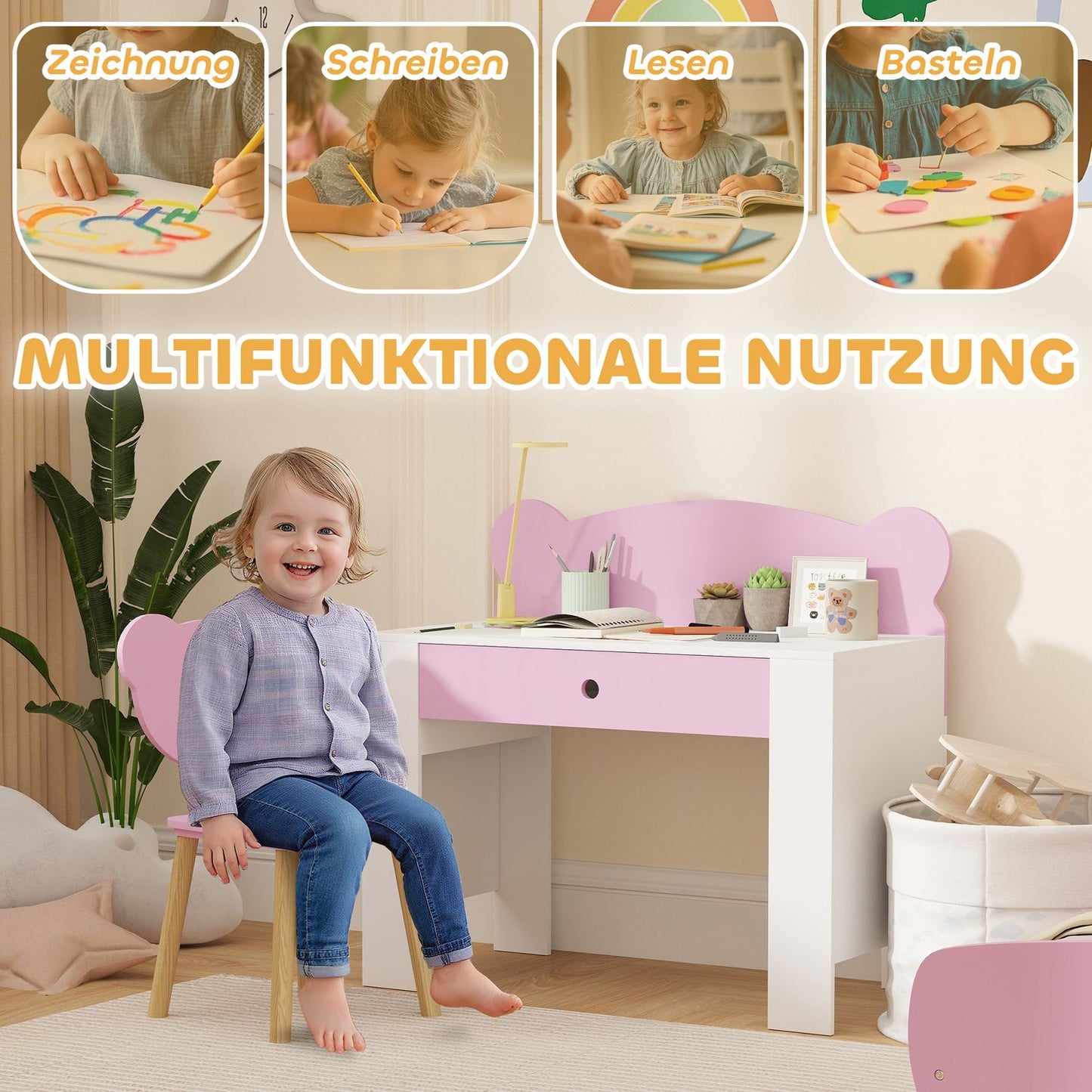 Kids' Desk and Chair Set, Bear Design, Pink, Ages 3-8