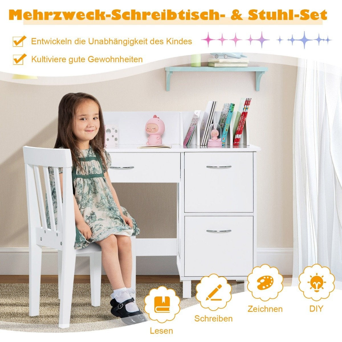 Children's Desk and Chair Set Study Table with Drawer and Storage Cabinets White