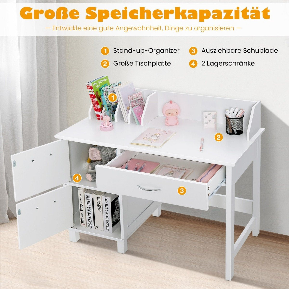 Children's Desk and Chair Set Study Table with Drawer and Storage Cabinets White