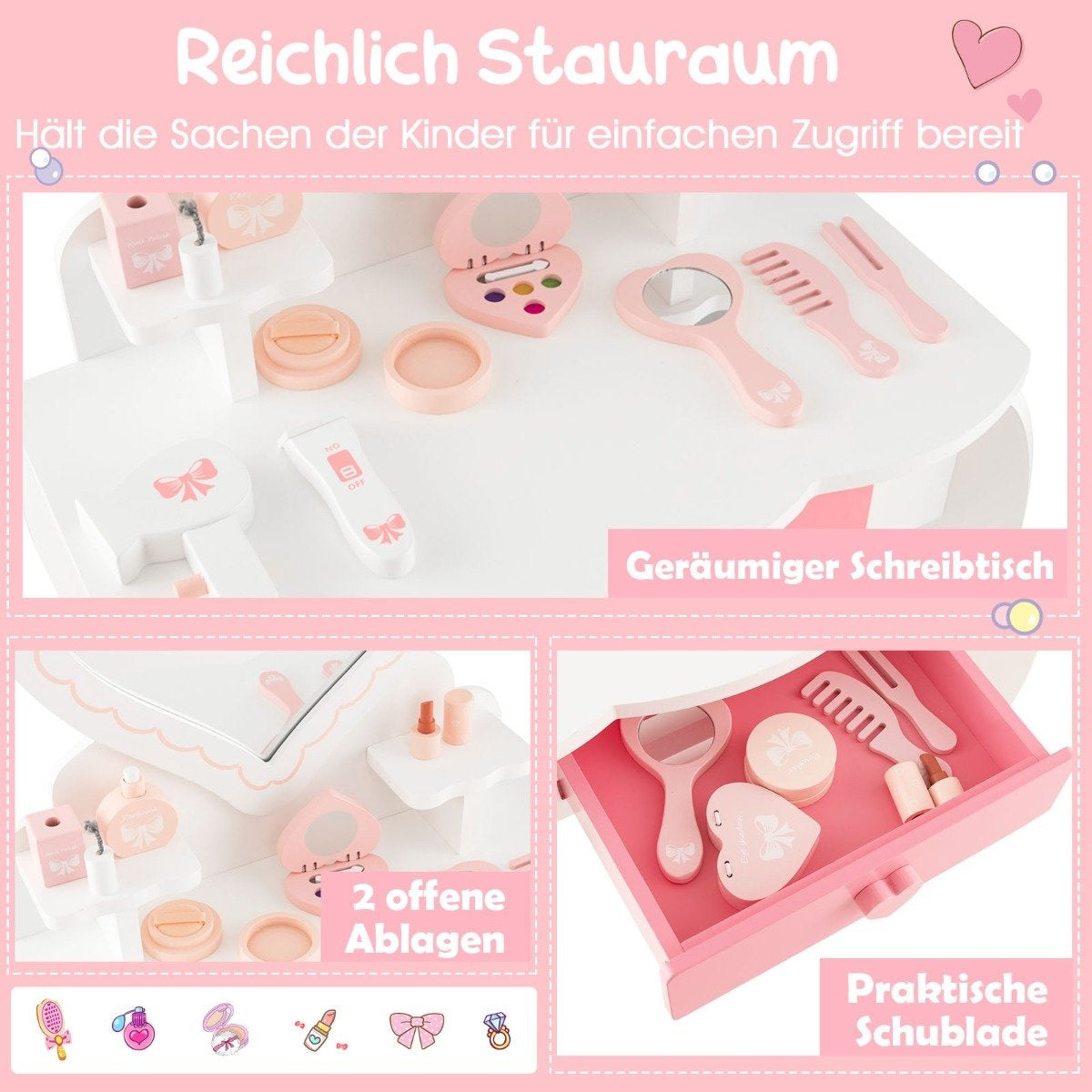Children's Dressing Table Set with ♡Heart Shaped Mirror & Stool & Drawer & Accessories