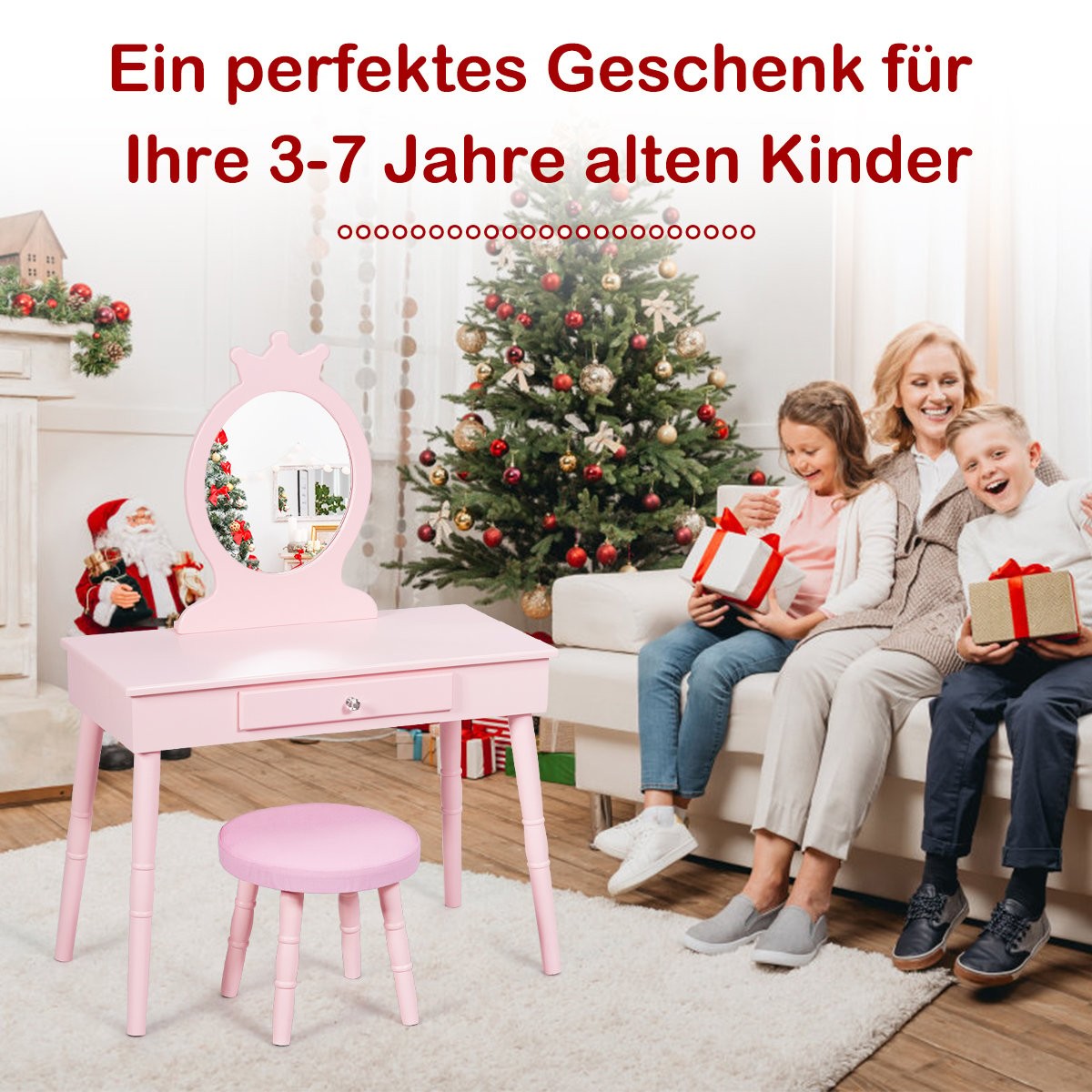 Children's Dressing Table Set with Stool & Removable Mirror Makeup Table Pink