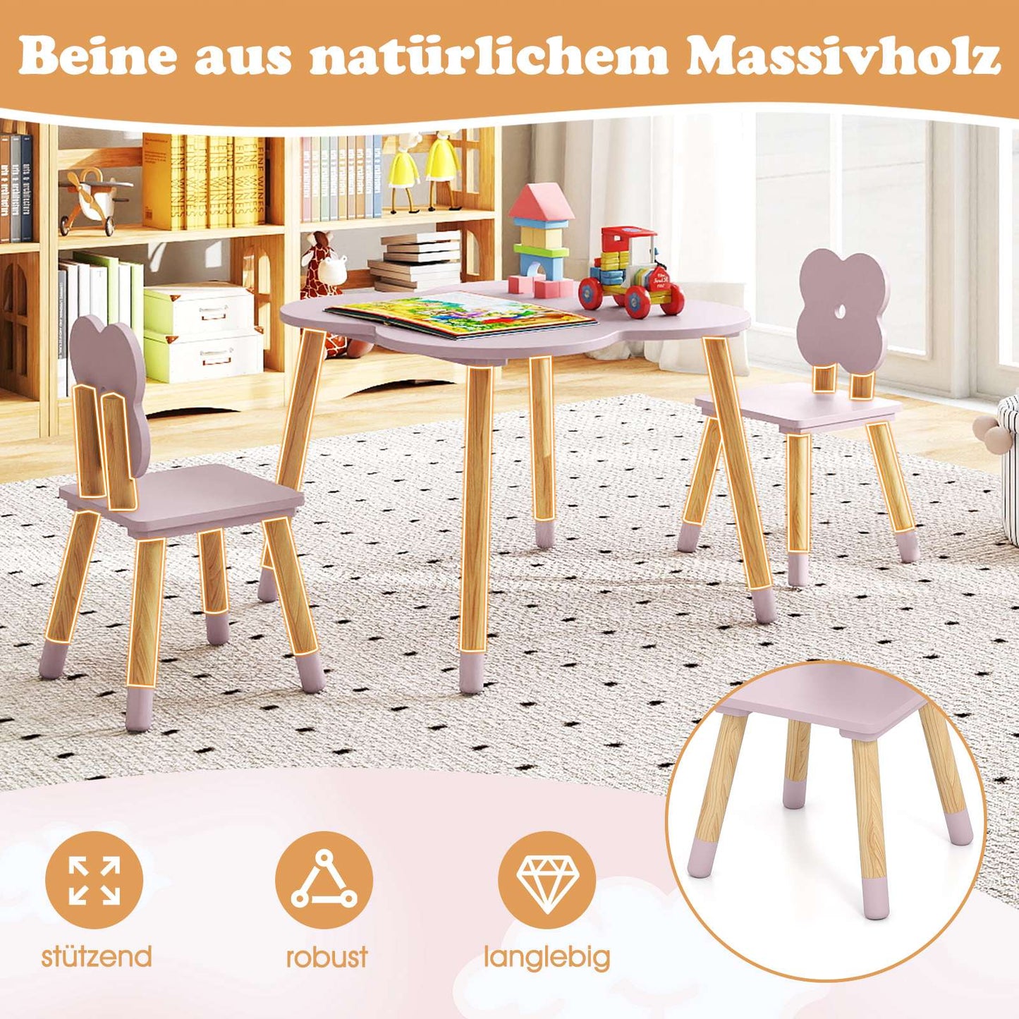 Children's Flower-Shaped Table Set, Pink, Wood, 1 Table + 2 Chairs