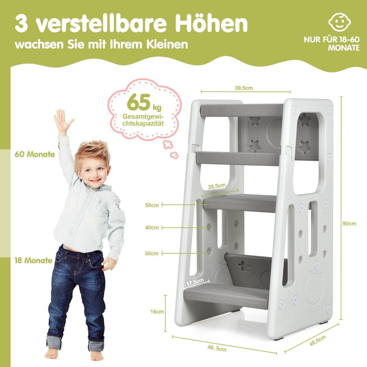Children's Kitchen Stool with Double Safety Handrails & 3 Adjustable Heights & Non-Slip Feet Gray