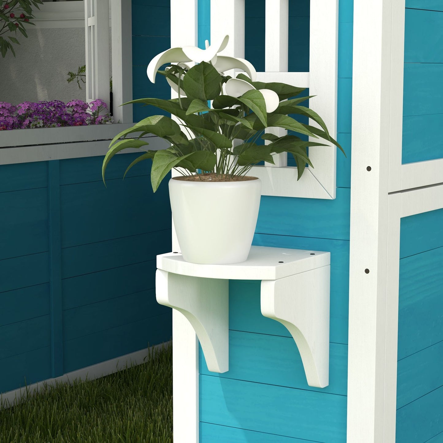 Wooden outdoor playhouse with window and flower shelf for children