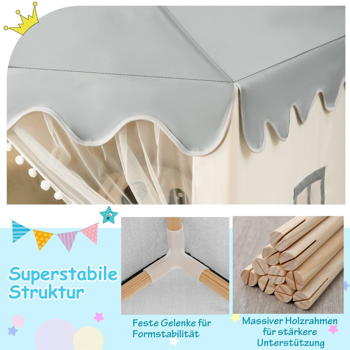 Children's Playhouse with Cotton Mattress, 120x105x140 cm, Gray/Beige