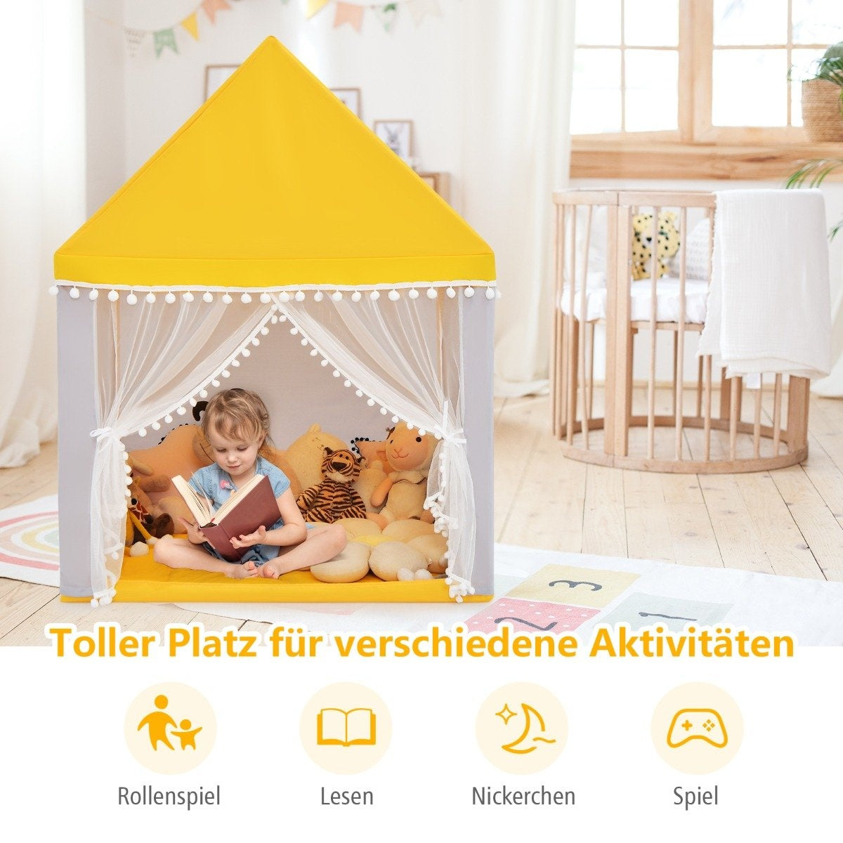 Children's Playhouse with Solid Wood Frame & Cotton Blanket Children's Tent Yellow + Gray