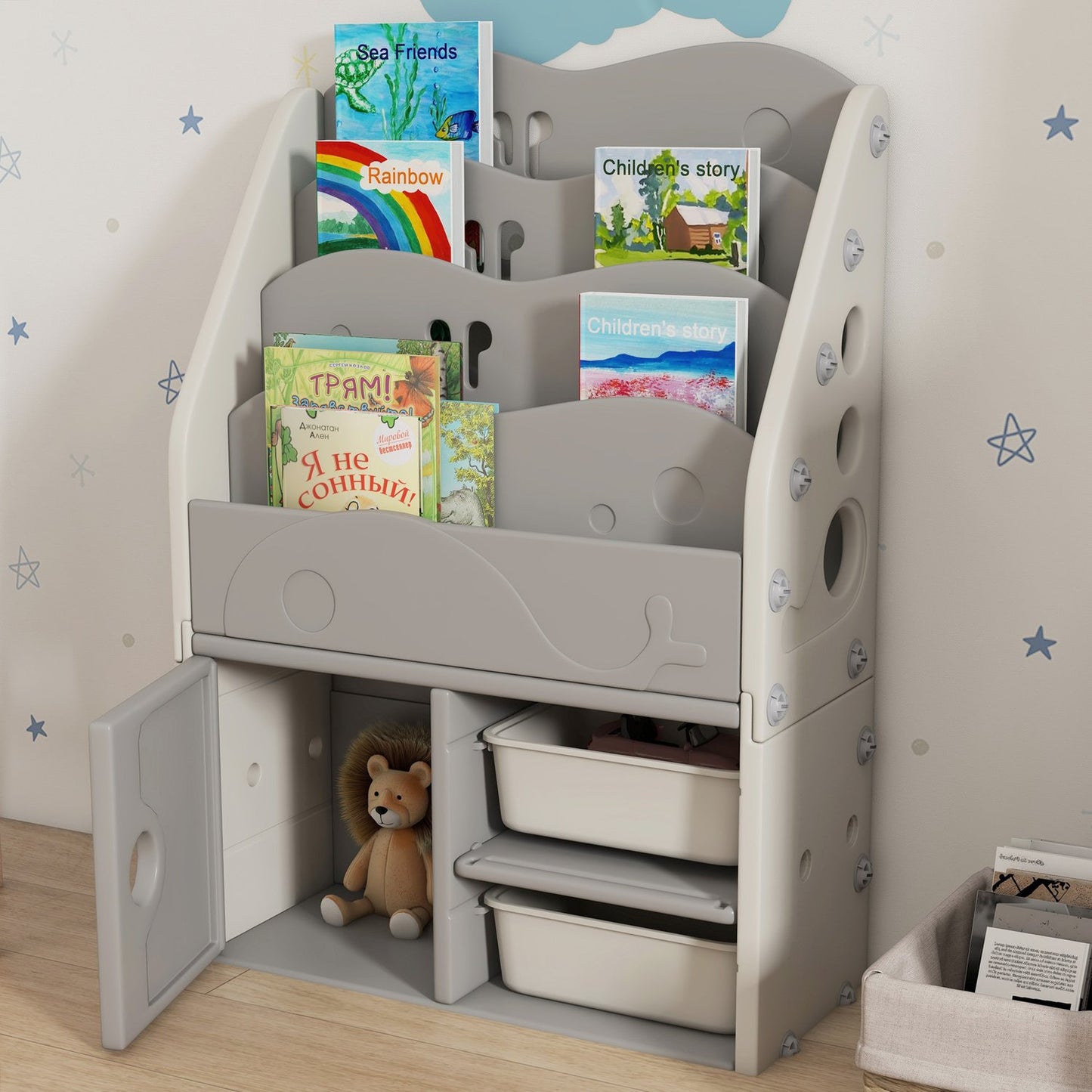 Children's shelf with 2 storage drawers - 4-tier organizer