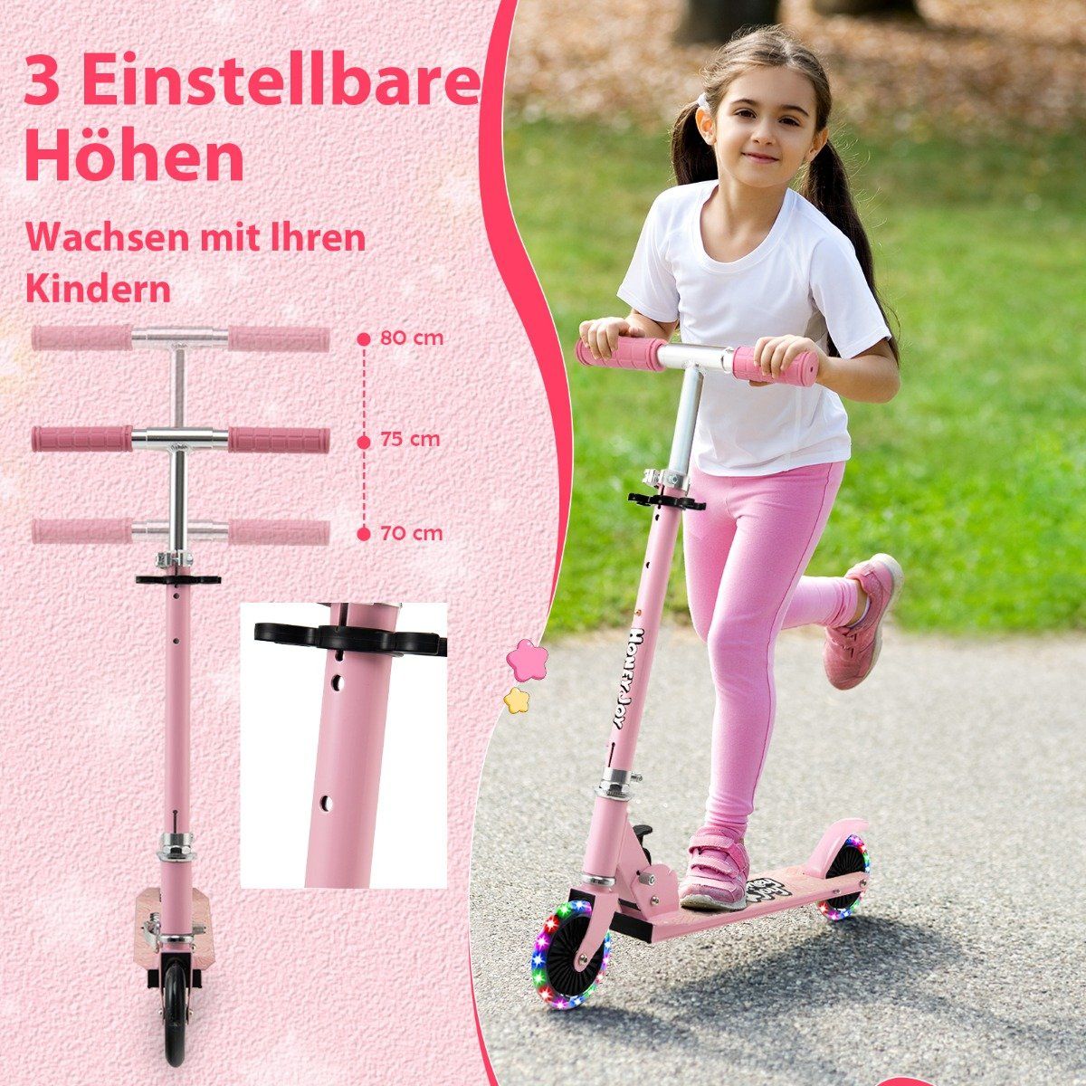 Children's Scooter 2 Wheel Kick Scooter with Flashing Wheels Stand and Cruise Toddler Toy Pink