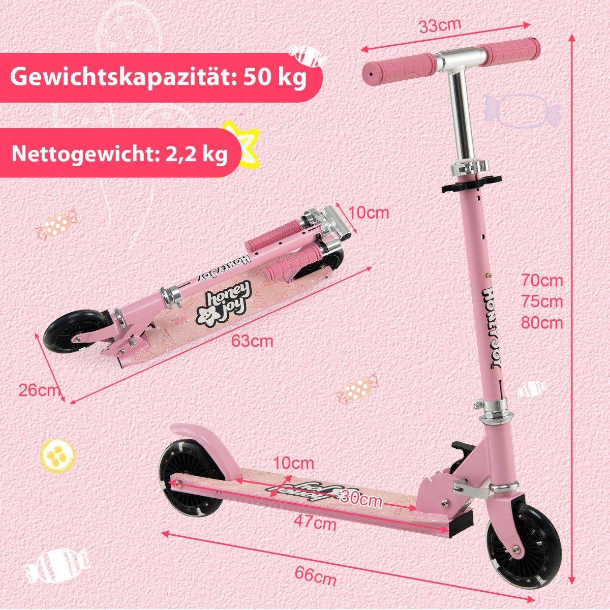 Children's Scooter 2 Wheel Kick Scooter with Flashing Wheels Stand and Cruise Toddler Toy Pink