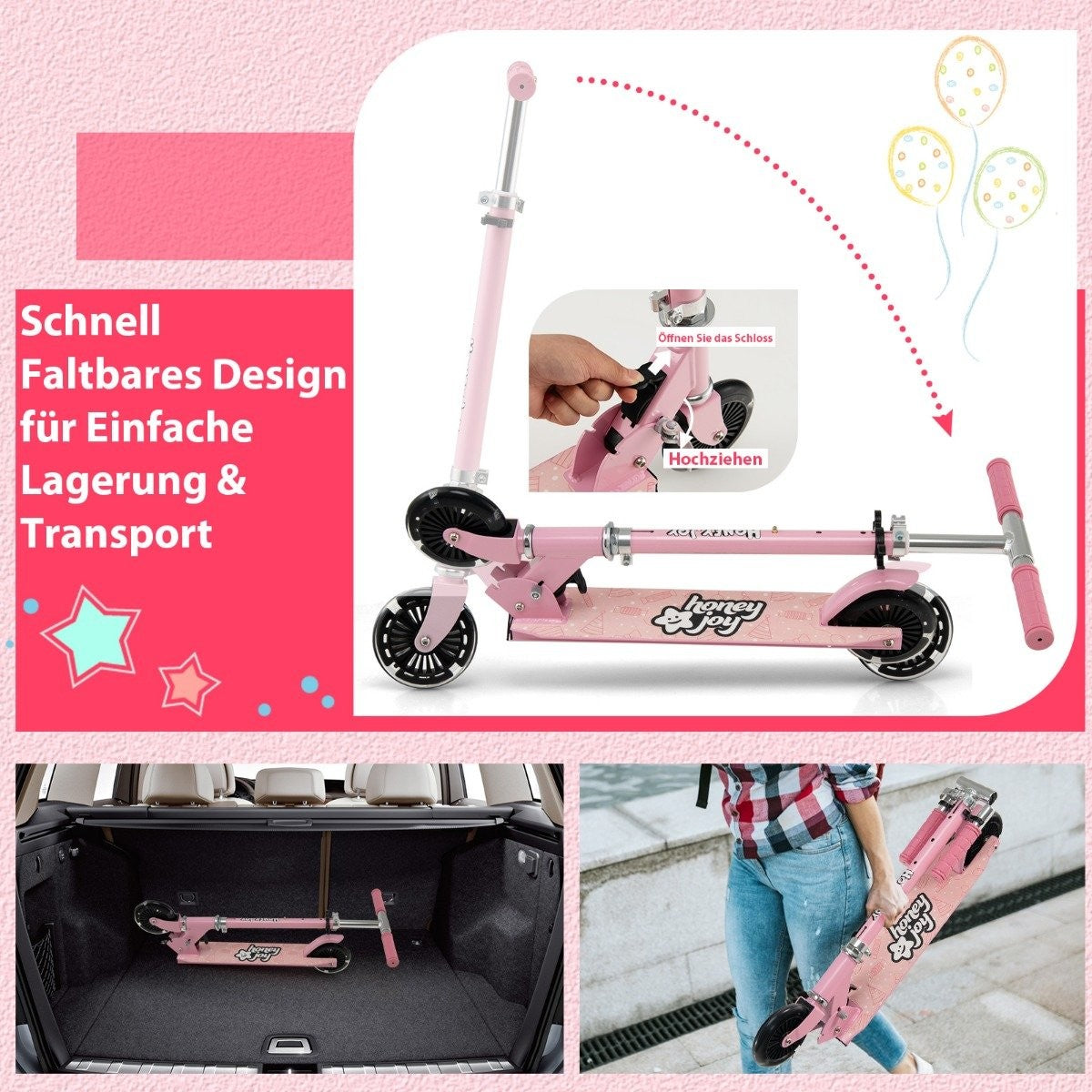 Children's Scooter 2 Wheel Kick Scooter with Flashing Wheels Stand and Cruise Toddler Toy Pink