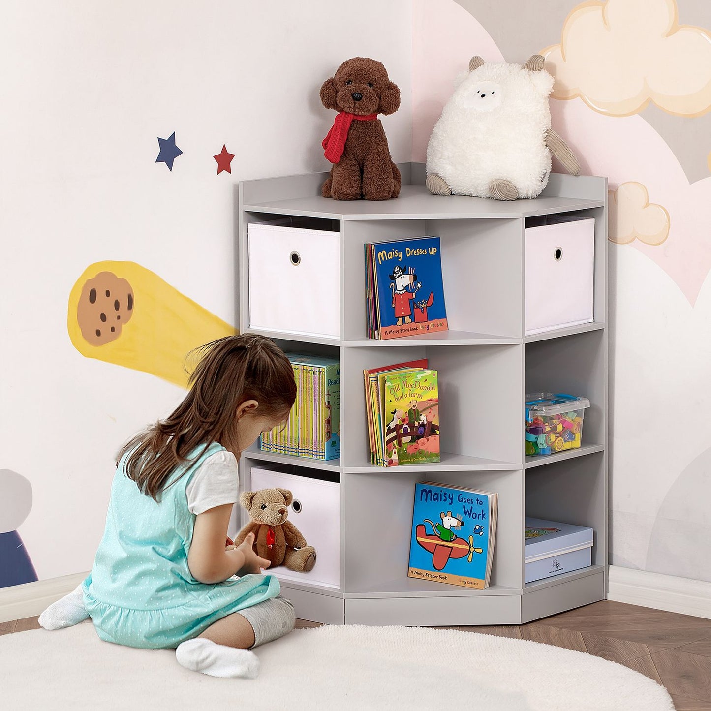 Children's Storage Shelf, 3 Fabric Drawers, Grey MDF