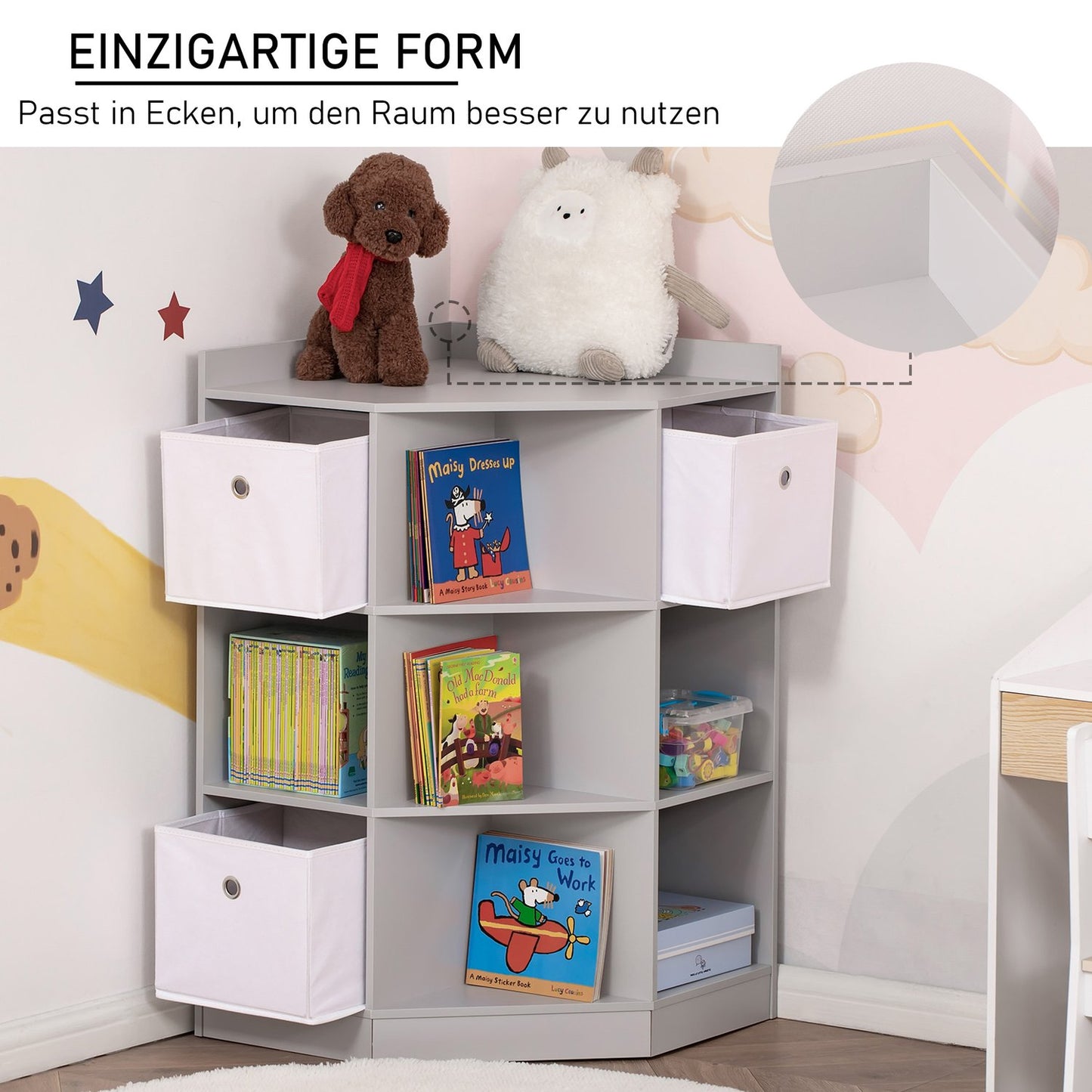 Children's Storage Shelf, 3 Fabric Drawers, Grey MDF