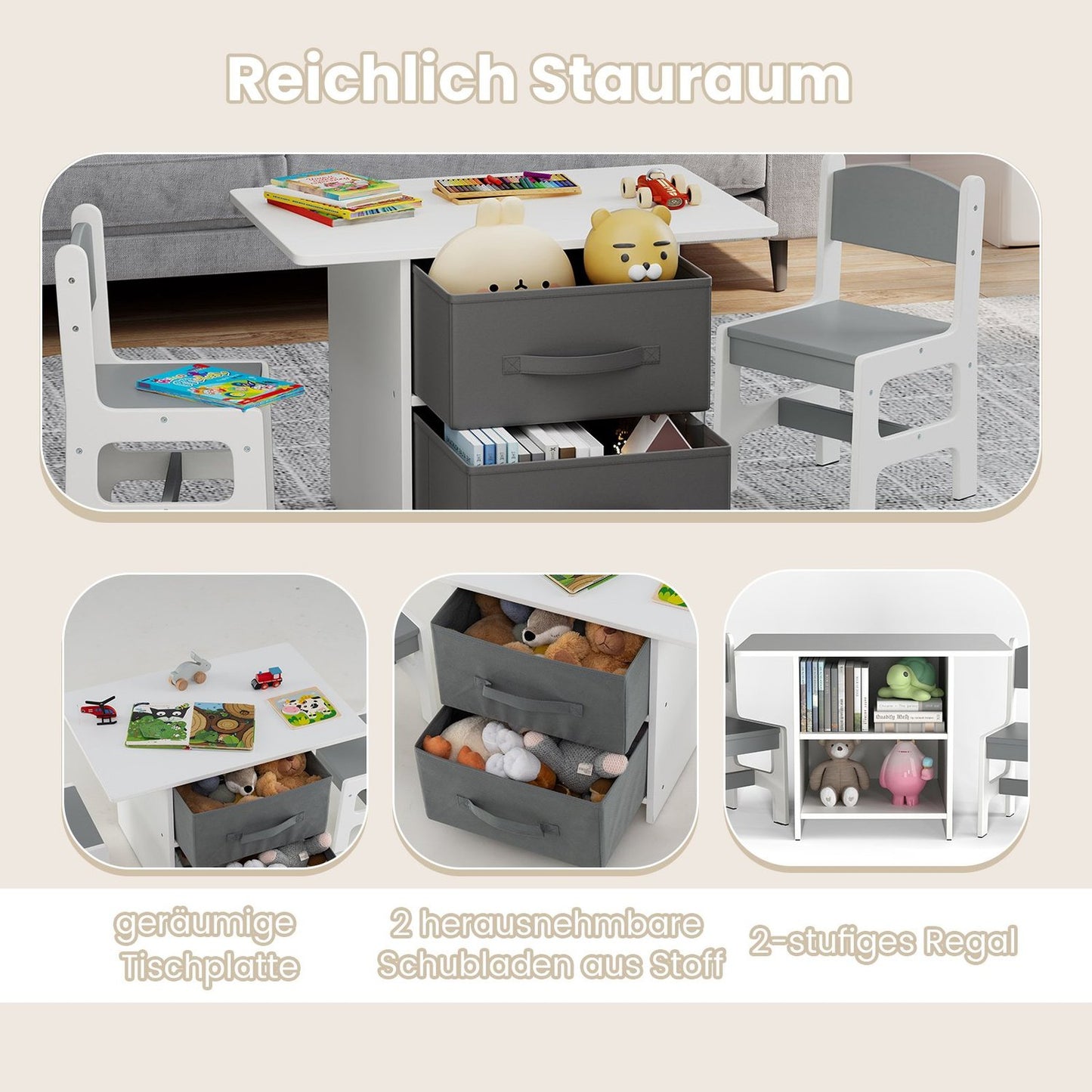 Children's Table and 2 Chairs Set with Storage Bins