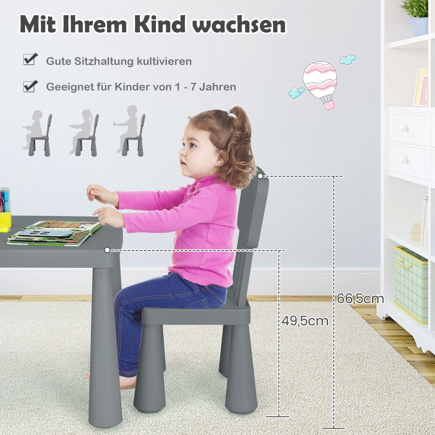 Children's Table and Chair Set, Plastic, Gray, Ages 1-7