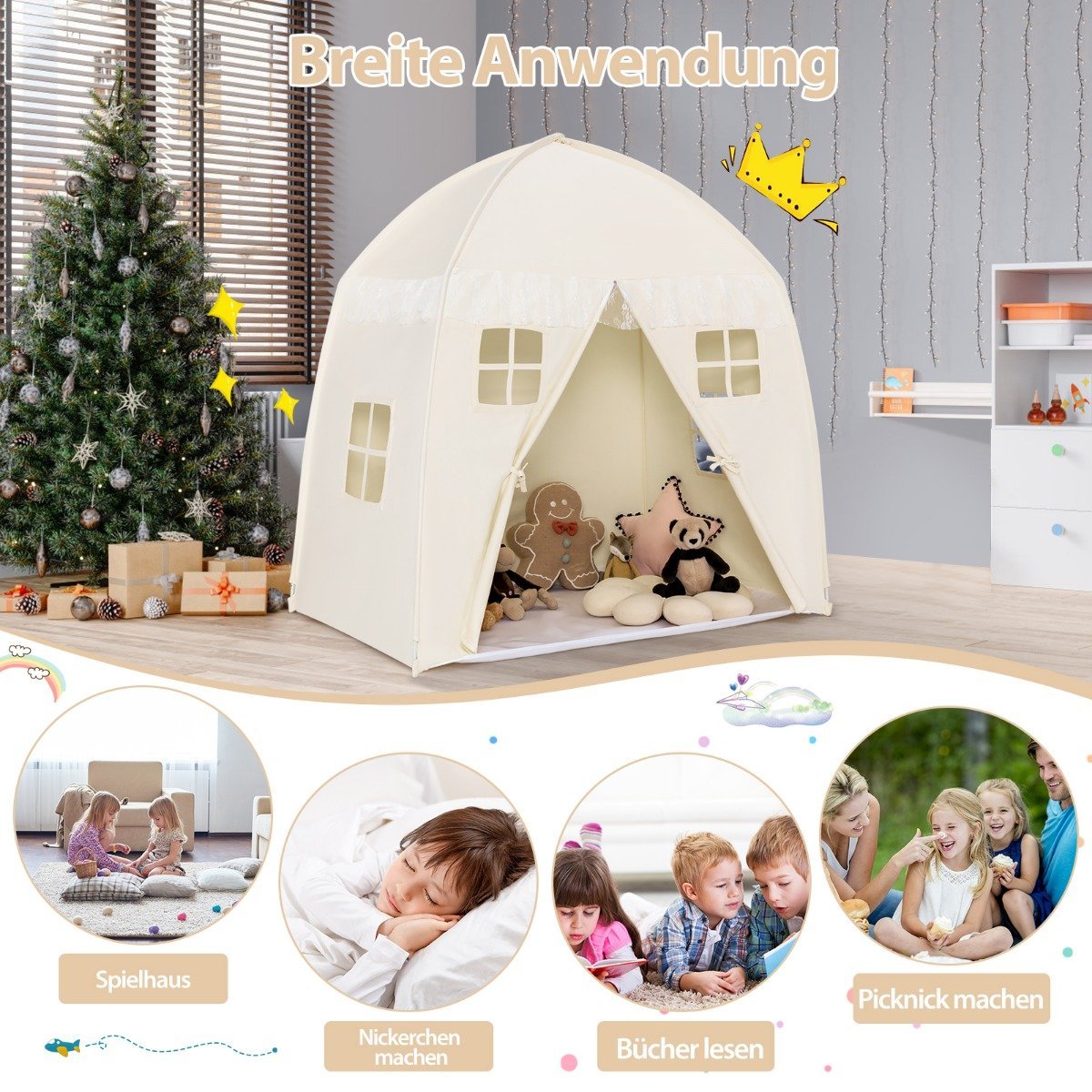 Children's Tent Large Princess Tent with Carry Bag Anti-Slip Mat Zipper Beige