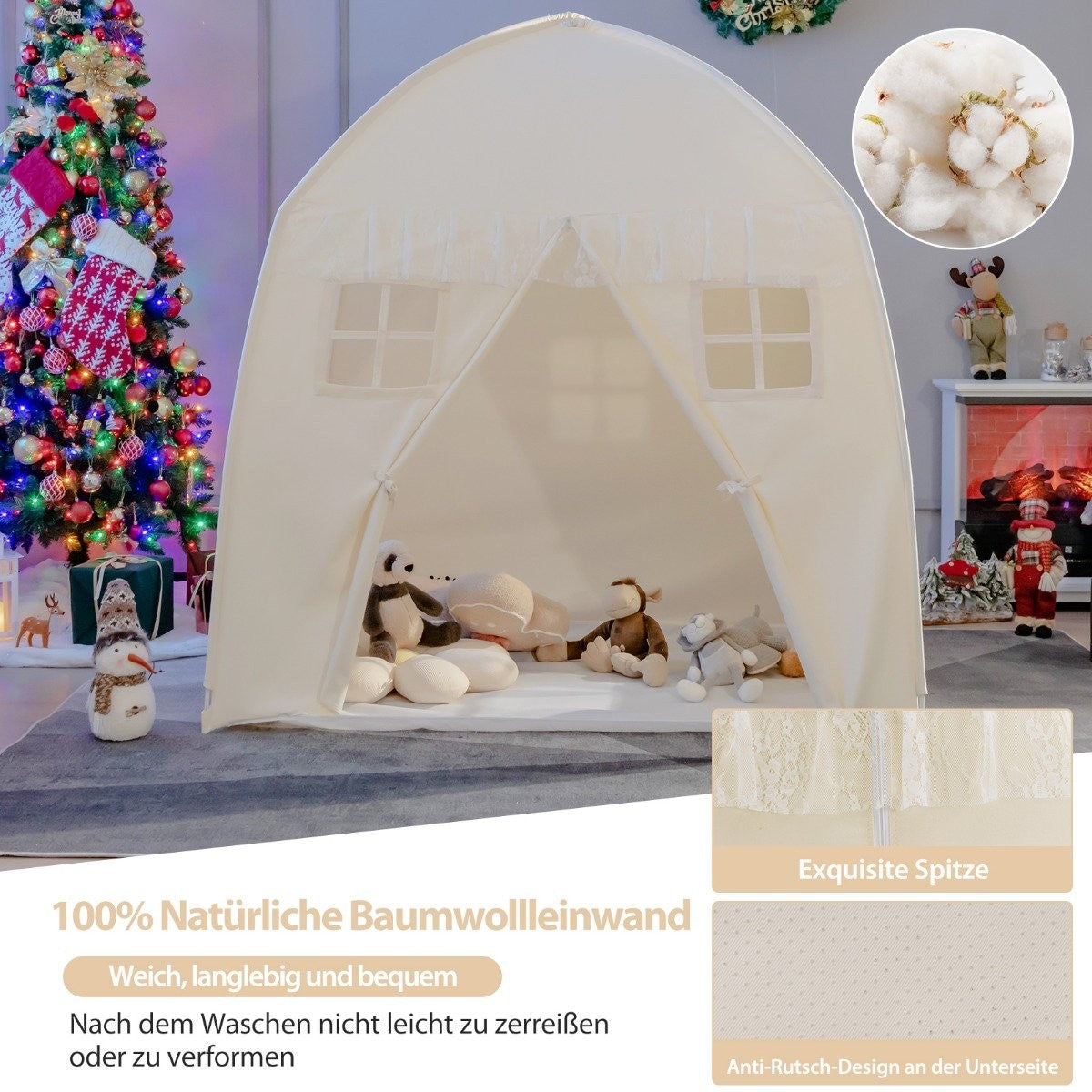 Children's Tent Large Princess Tent with Carry Bag Anti-Slip Mat Zipper Beige