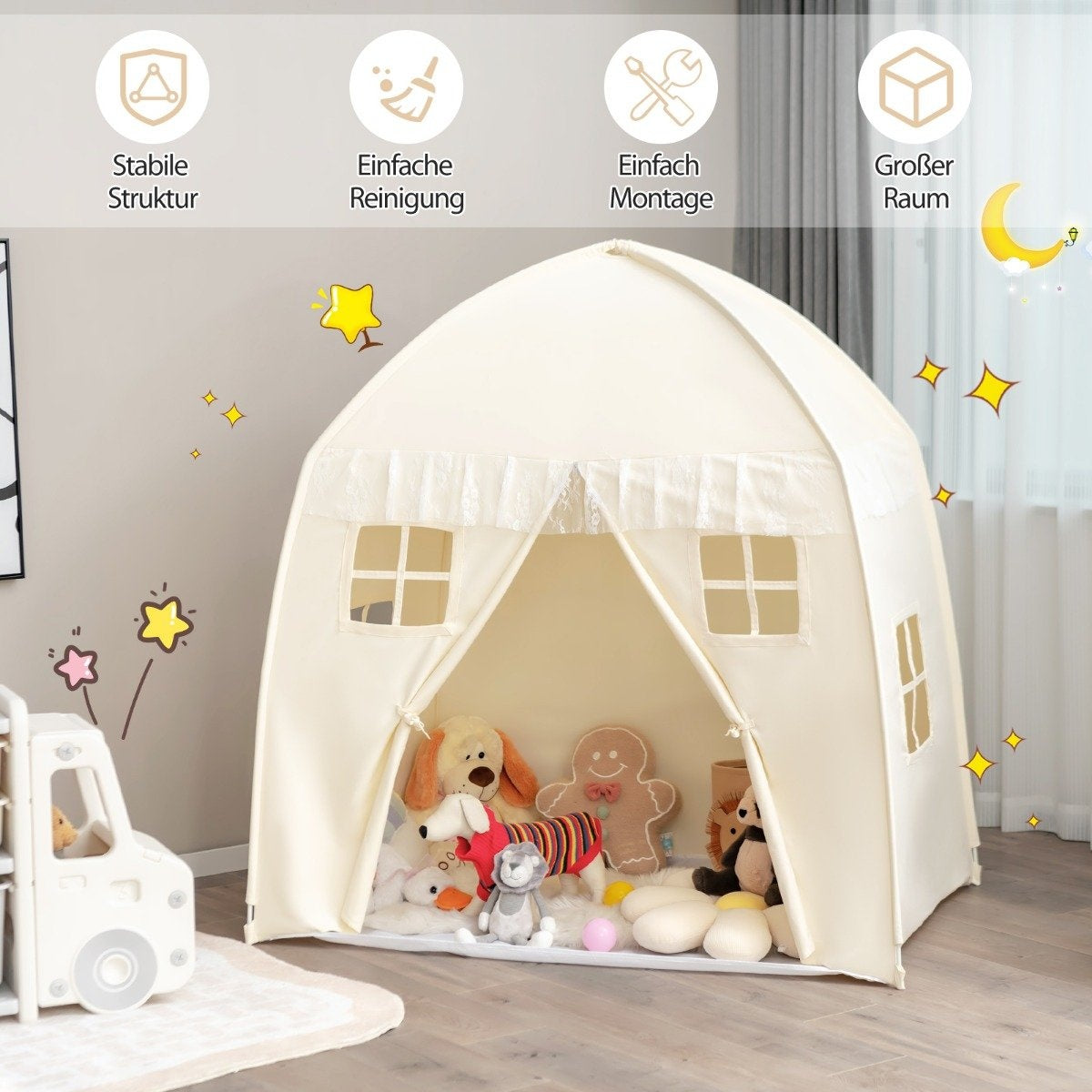 Children's Tent Large Princess Tent with Carry Bag Anti-Slip Mat Zipper Beige