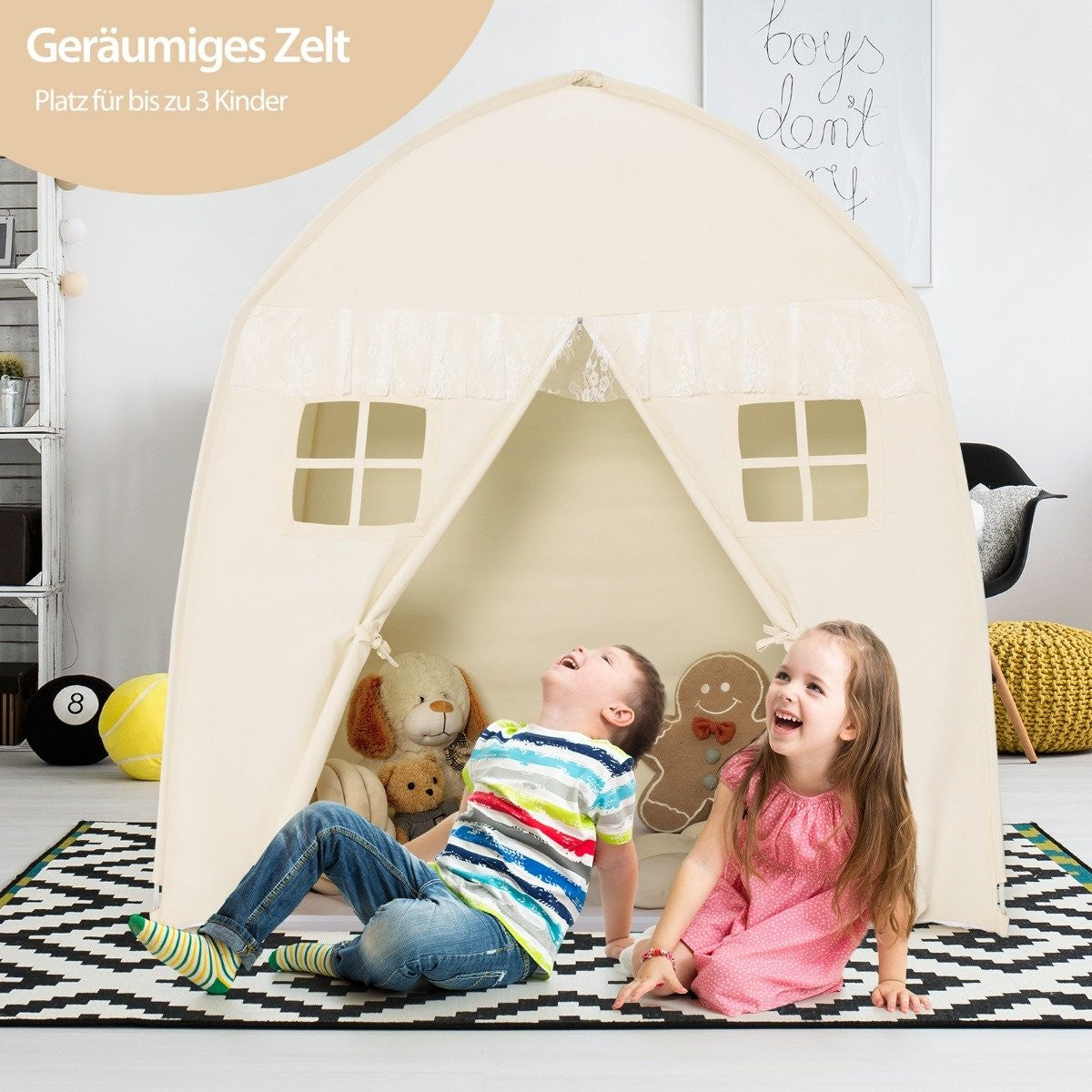 Children's Tent Large Princess Tent with Carry Bag Anti-Slip Mat Zipper Beige
