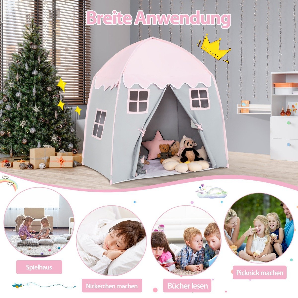 Children's Tent Large Princess Tent with Carry Bag Anti-Slip Mat Zipper Pink