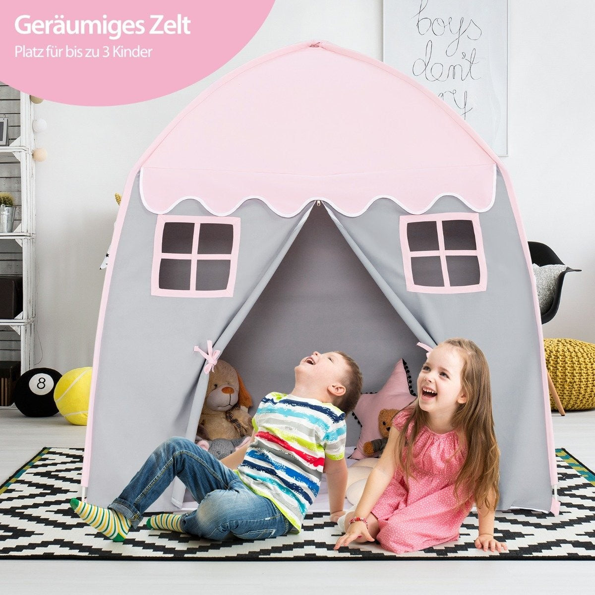 Children's Tent Large Princess Tent with Carry Bag Anti-Slip Mat Zipper Pink
