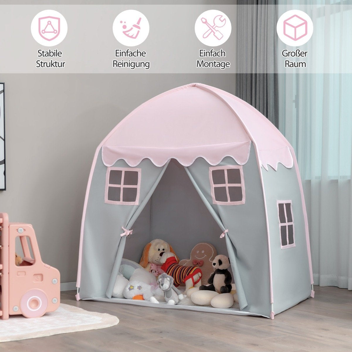Children's Tent Large Princess Tent with Carry Bag Anti-Slip Mat Zipper Pink