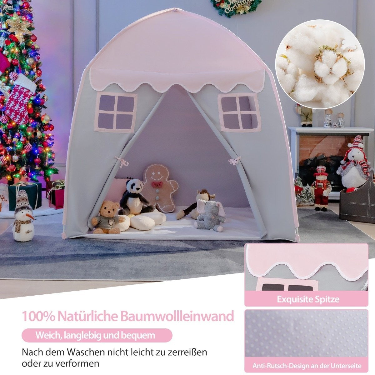 Children's Tent Large Princess Tent with Carry Bag Anti-Slip Mat Zipper Pink