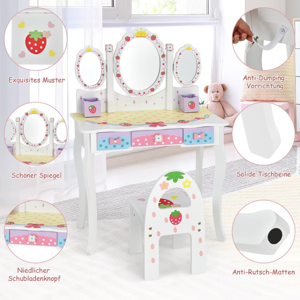 Children's Vanity Set with Folding Mirror, White, MDF
