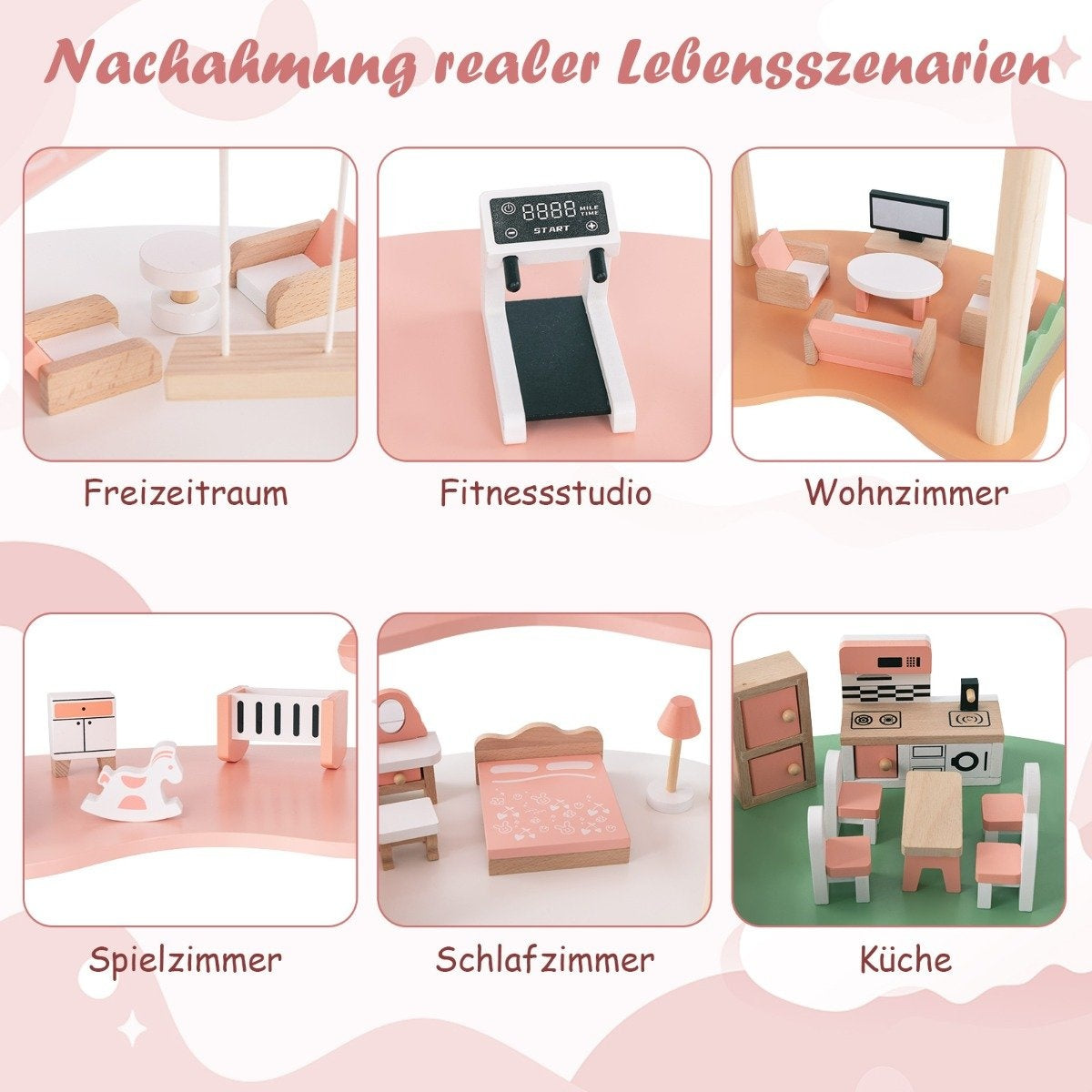 Children's Wooden Dollhouse with 32 Realistic Furniture Accessories & Roofs DIY Dream House