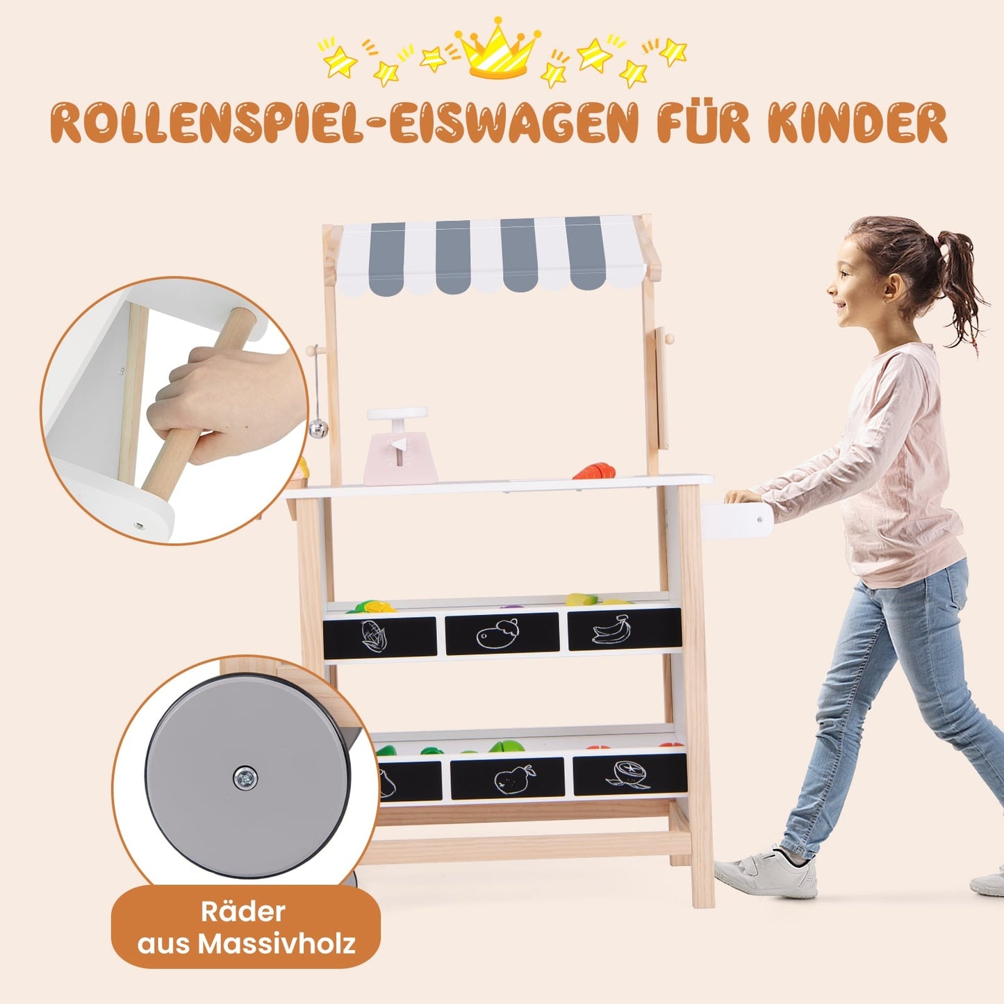 Children's Wooden Ice Cream Cart with 6 Toys & Shelves
