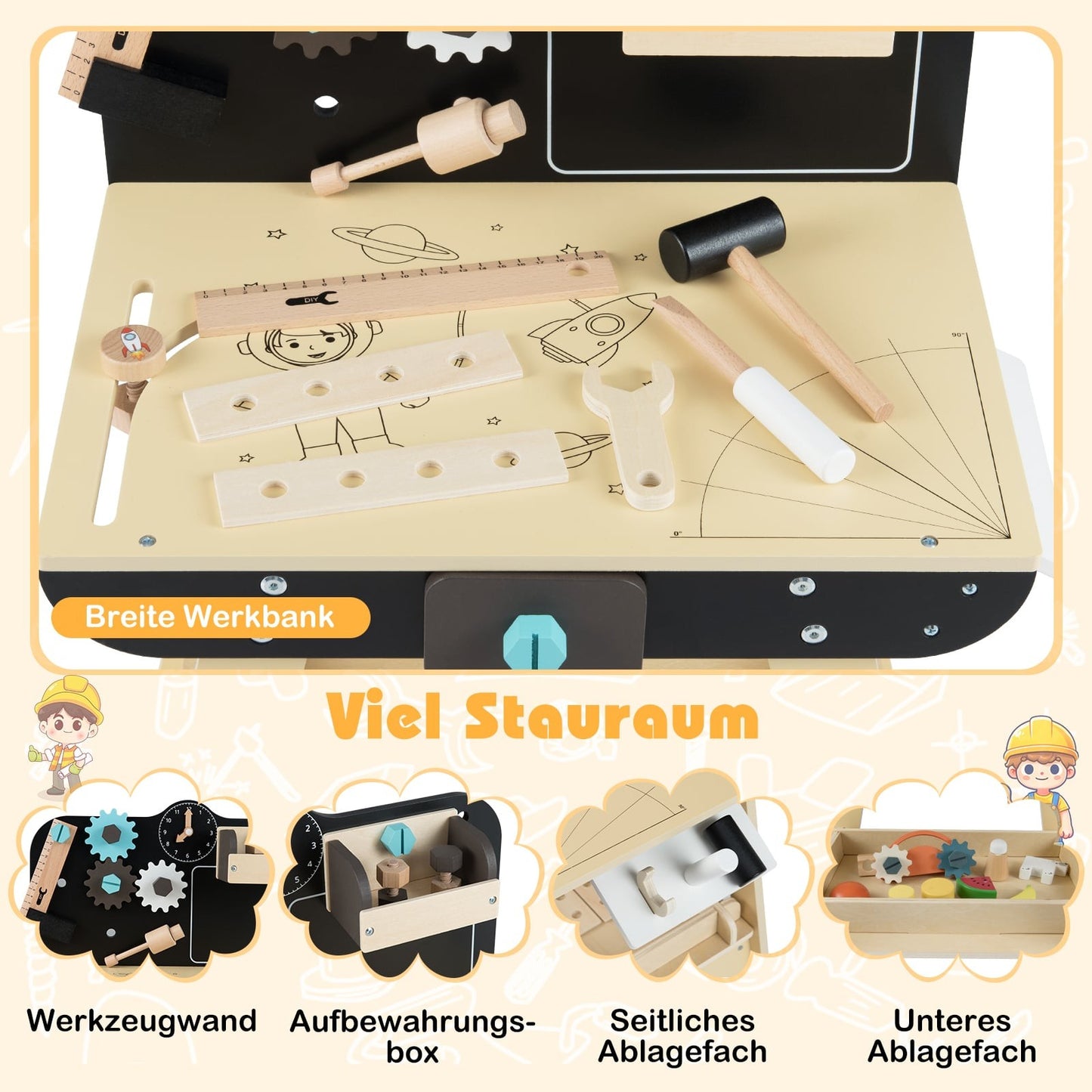 Children's Wooden Workbench Set with Blackboard, Montessori Toy