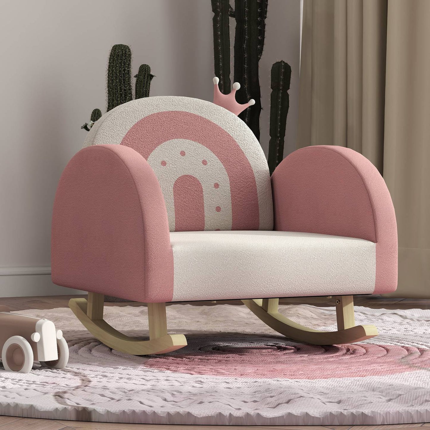 Children's rocking chair, velvet, pink, crown and rainbow decor