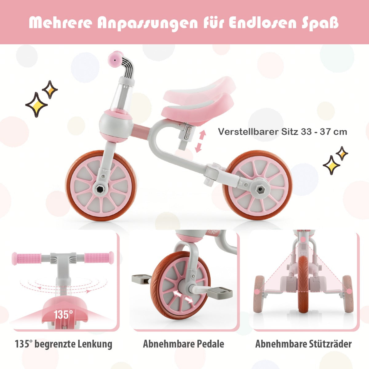 Children's bike 4-in-1 preschool bike with parent push handle 37 x 72 x 101 cm pink