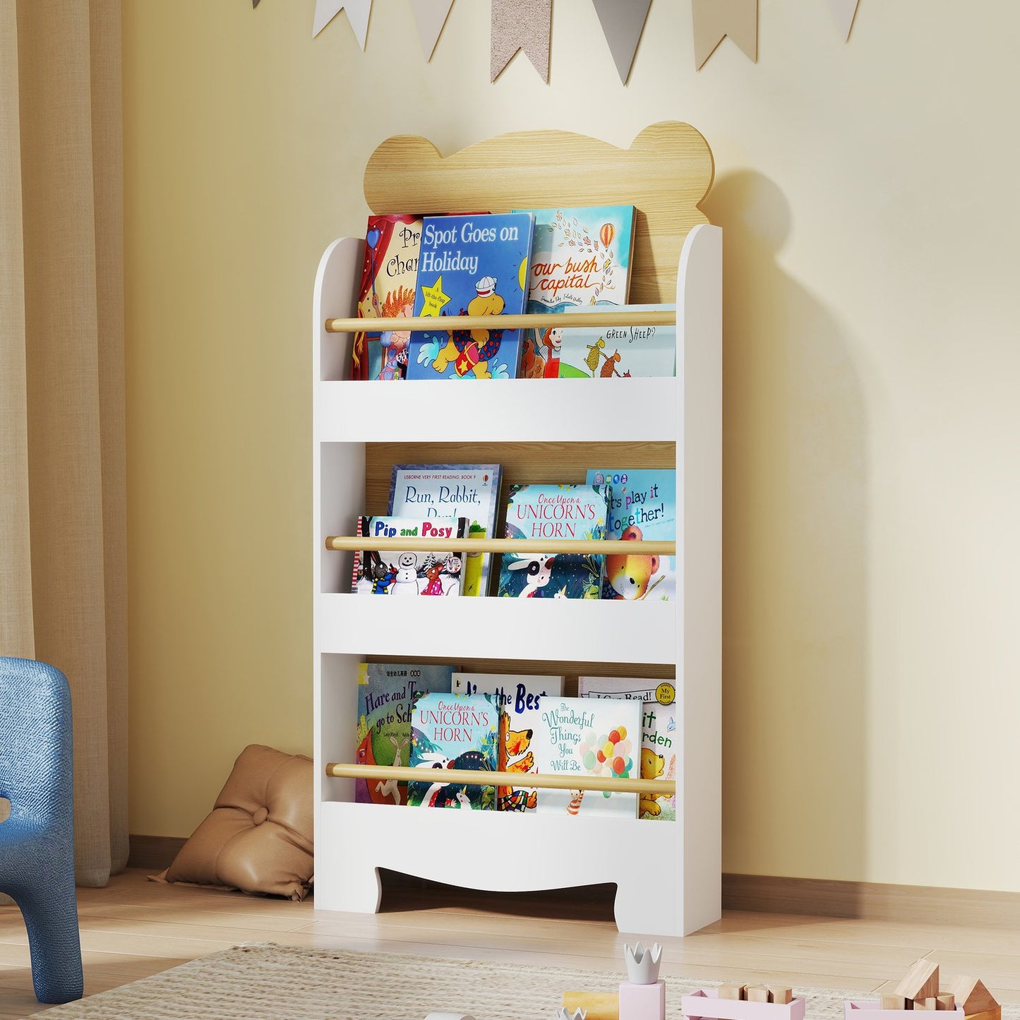 Children's Wooden Bookshelf, 3 Shelves, White, 55x15x110 cm