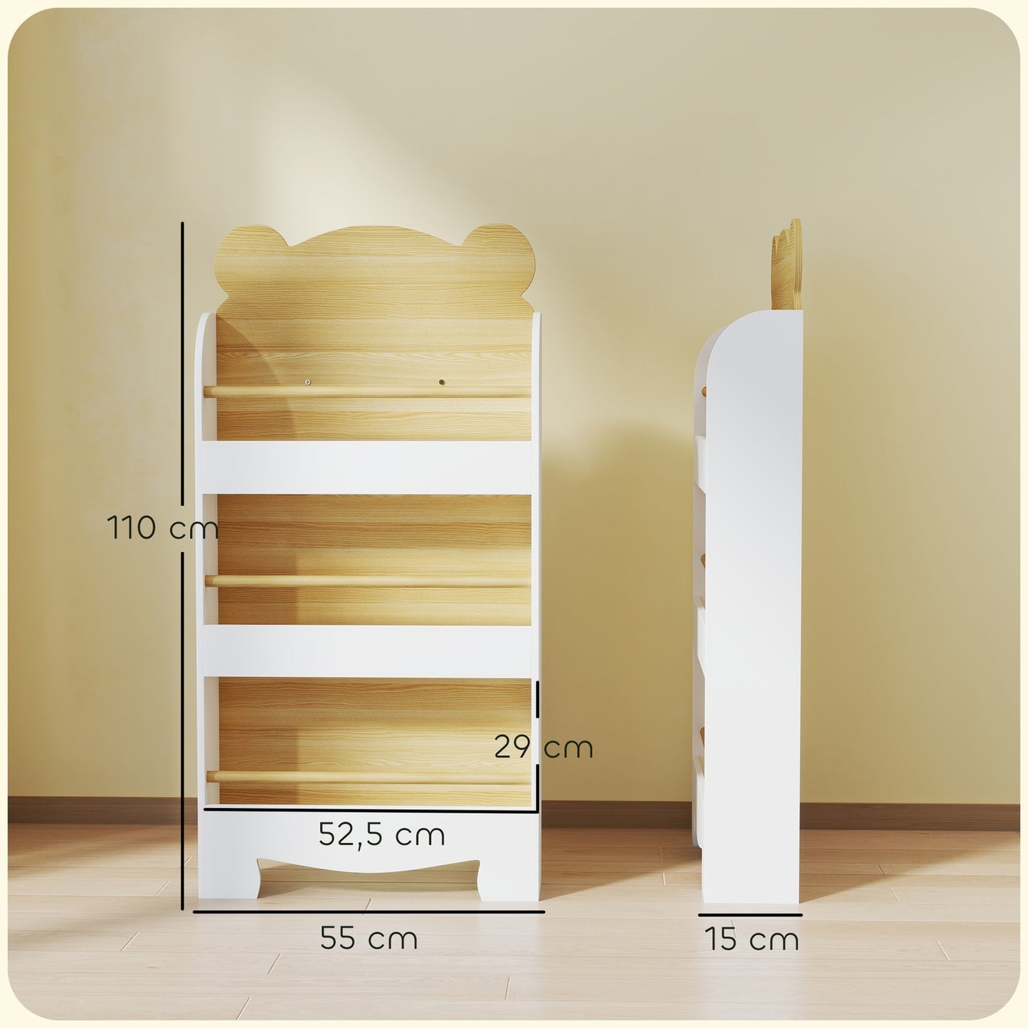 Children's Wooden Bookshelf, 3 Shelves, White, 55x15x110 cm