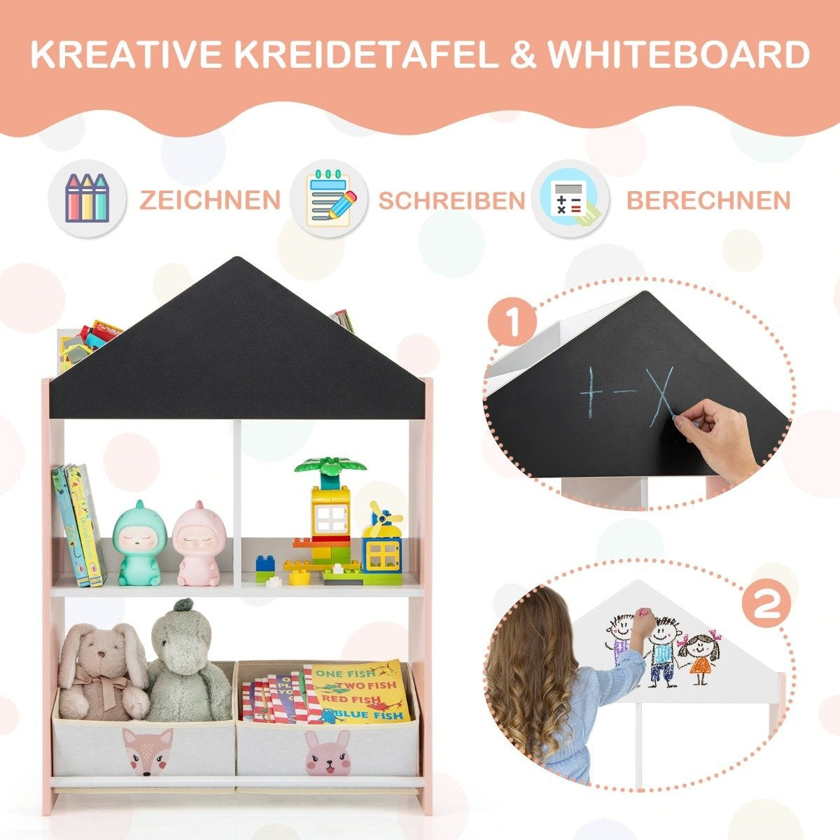 Children's bookcase with blackboard & 2 boxes & 6 compartments Children's shelf Children's room shelf Pink