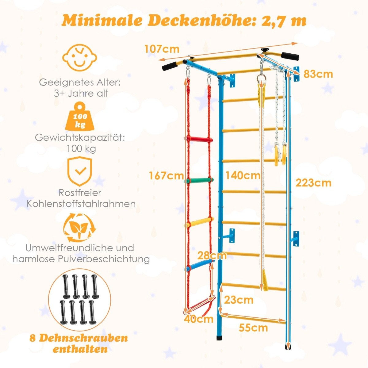 Children's climbing wall home sports equipment for children up to 100 kg 107 x 83 x 223 cm blue and yellow