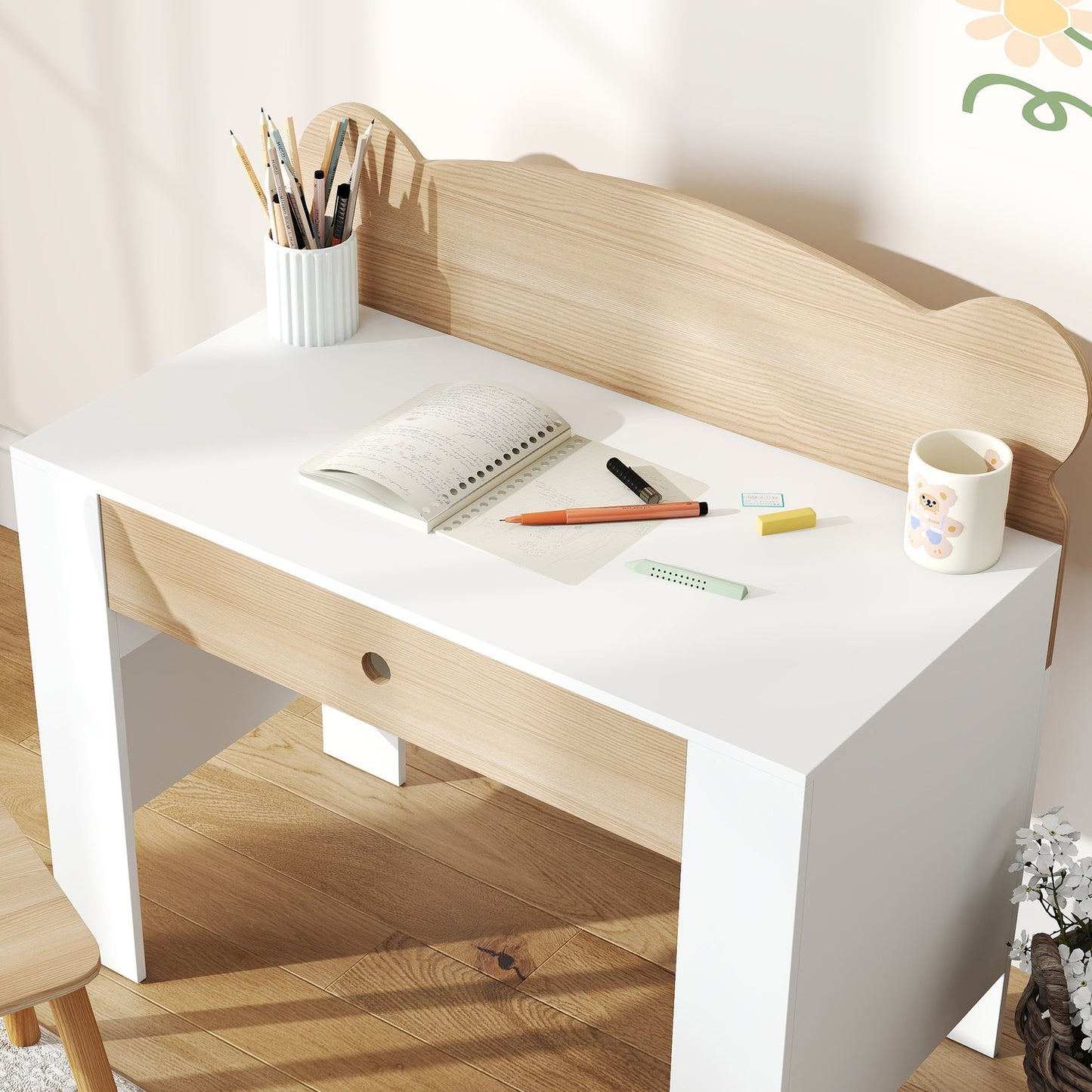 Children's desk set, bear-shaped work table and chair with drawer, for writing and crafting, 3-8 years, natural wood