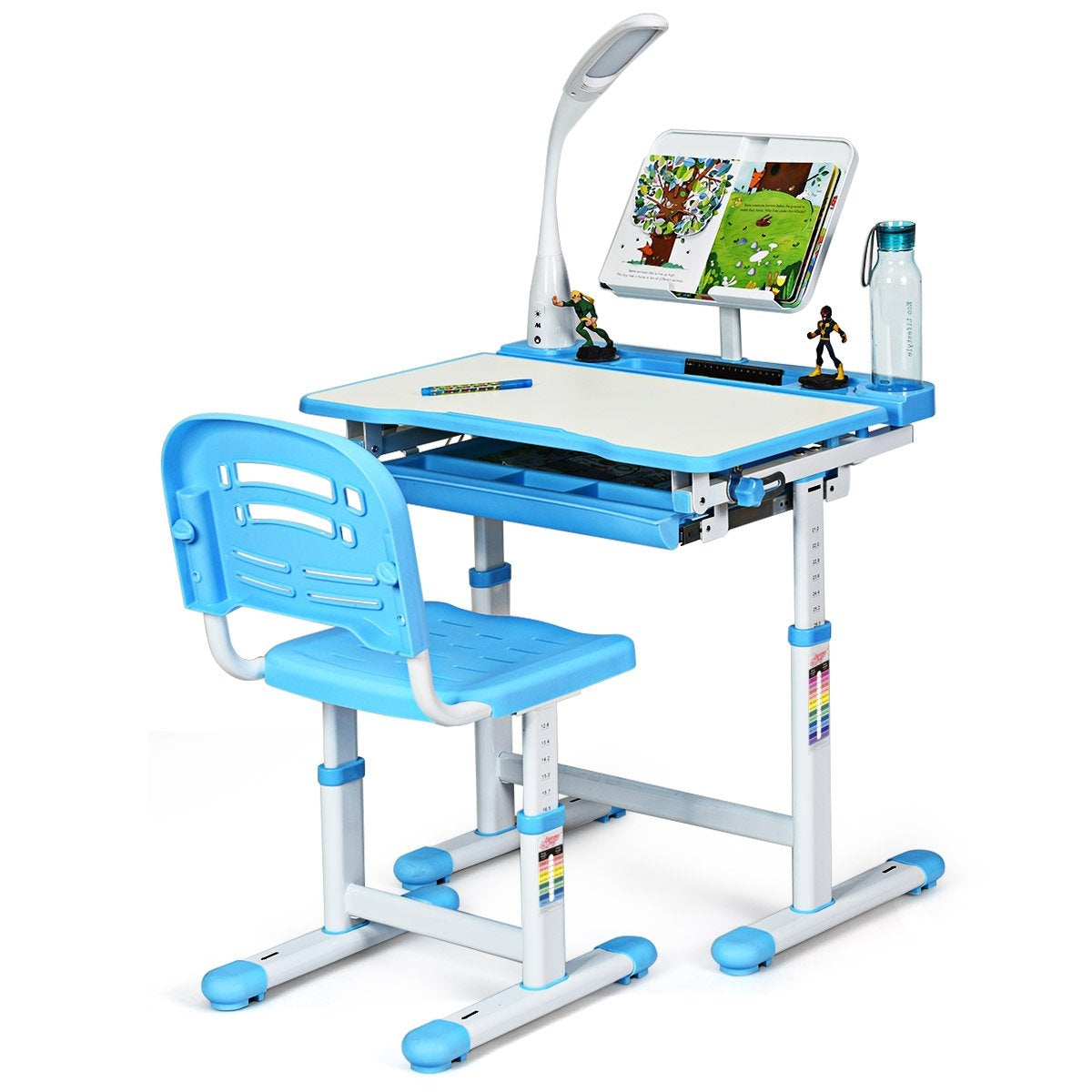 Children's desk, tilt-adjustable, student desk with lamp and chair, choice of colours: blue